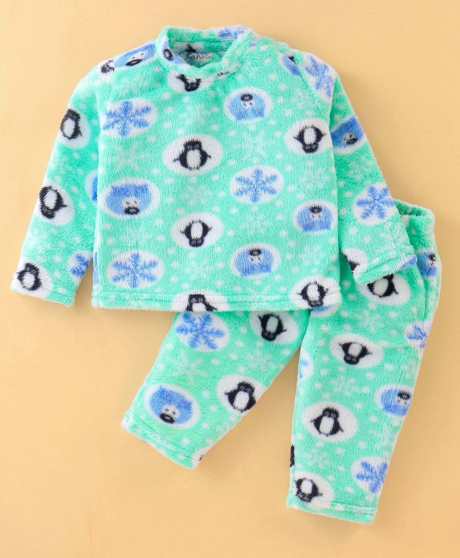 Kanvin Supersoft Extra Warm Velour Full Sleeves Winter Night Suit with Penguin Print - Mint Green-image-10