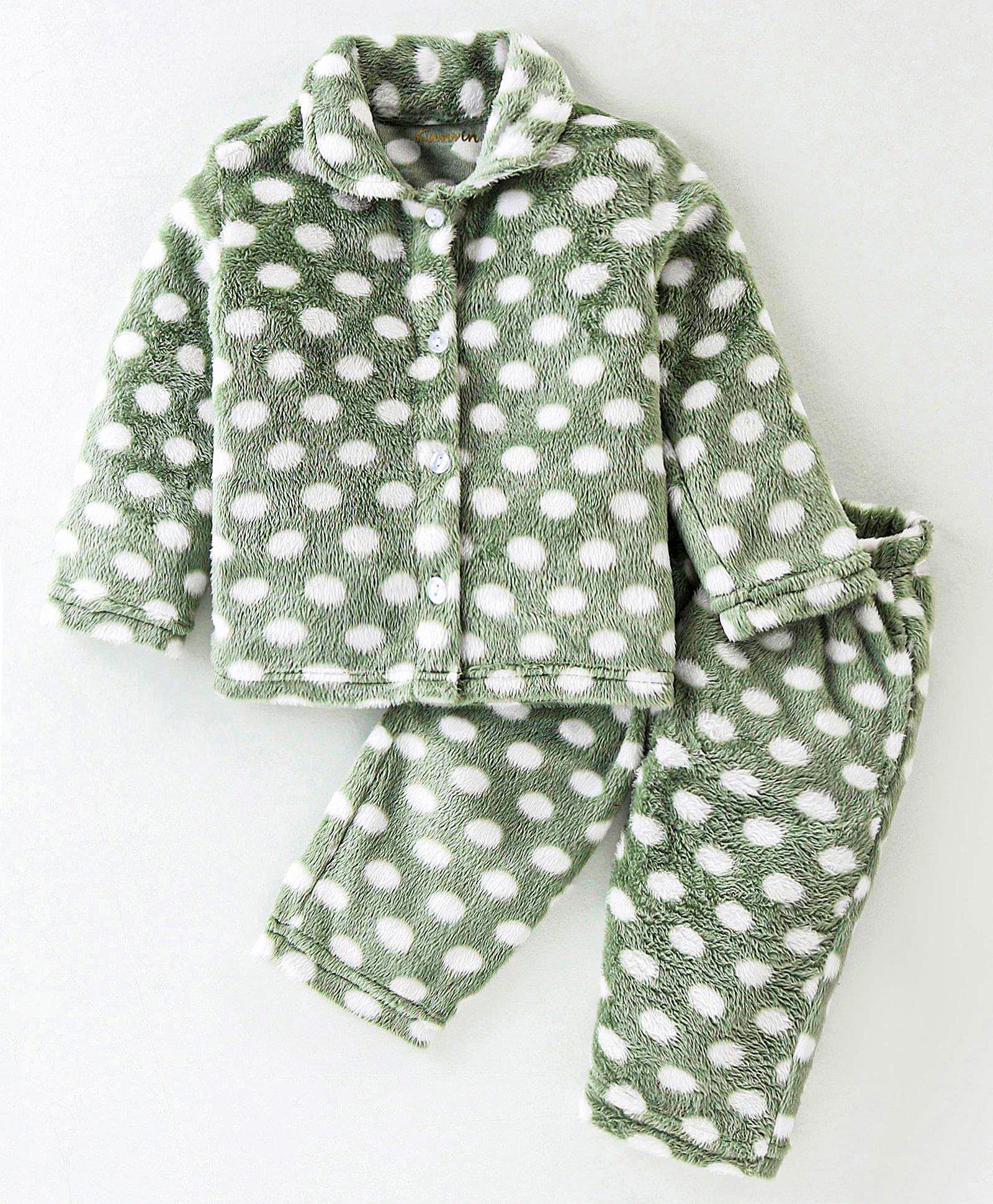 Kanvin Supersoft Extra Warm Velour Full Sleeves Winter Night Suit With Polka Dots Print - Green-image-11