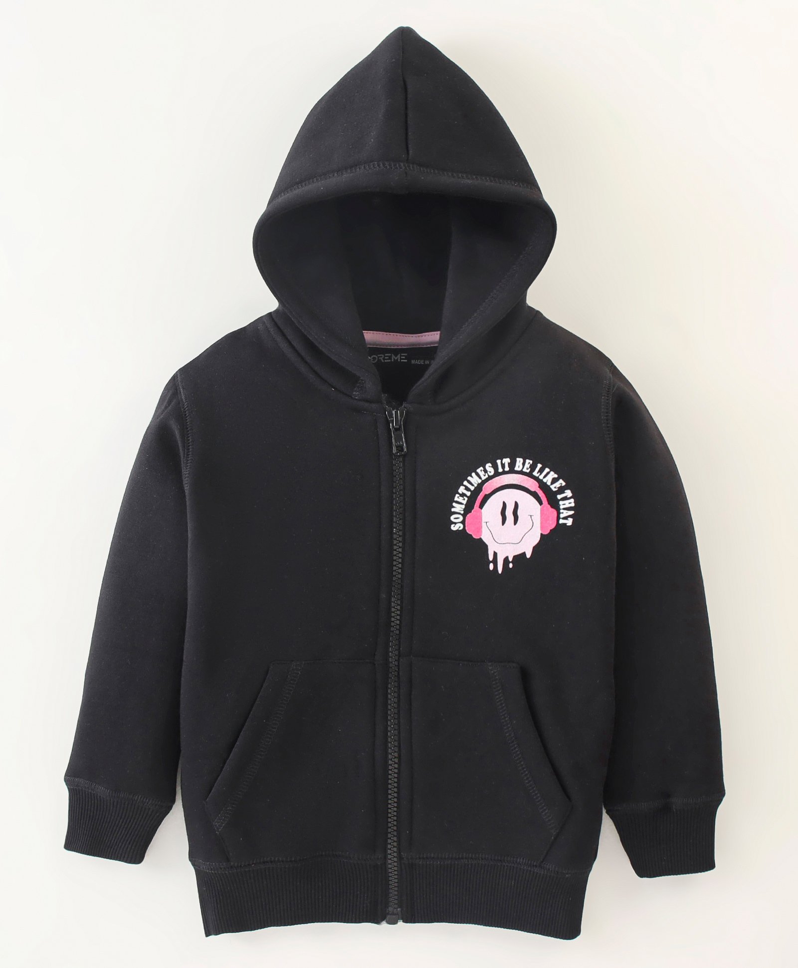 Doreme Fleece Full Sleeves Hooded Sweat Jacket Text Print- Black-image-10