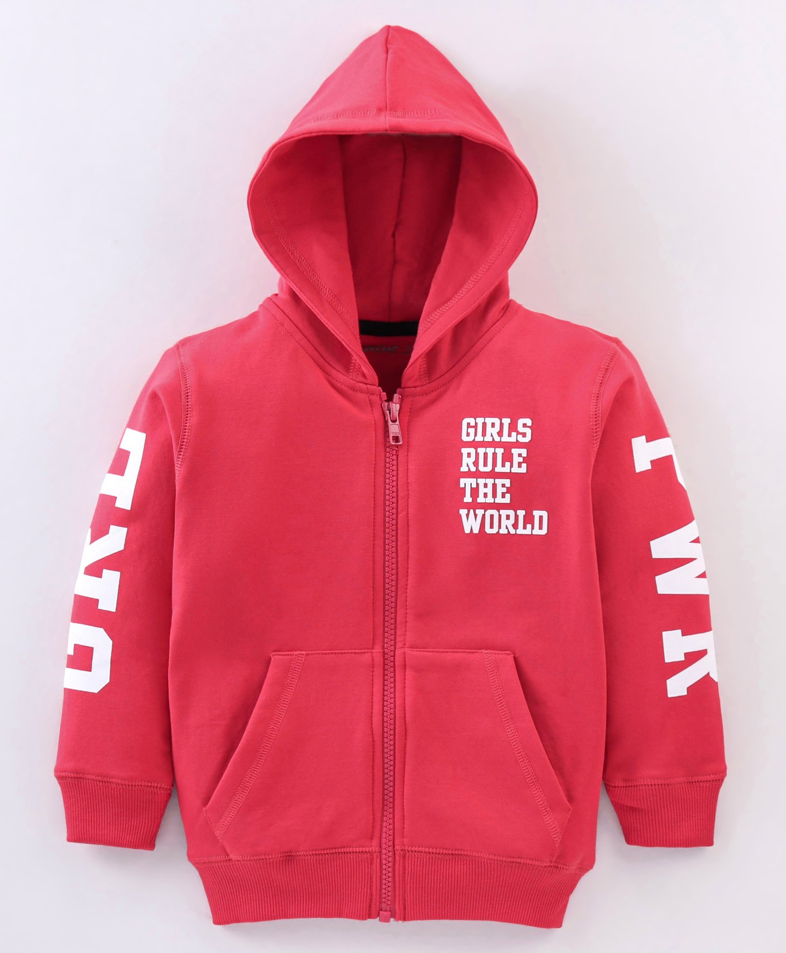 Doreme Fleece Full Sleeves Hooded Sweat Jacket Text Print- Pink-image-21