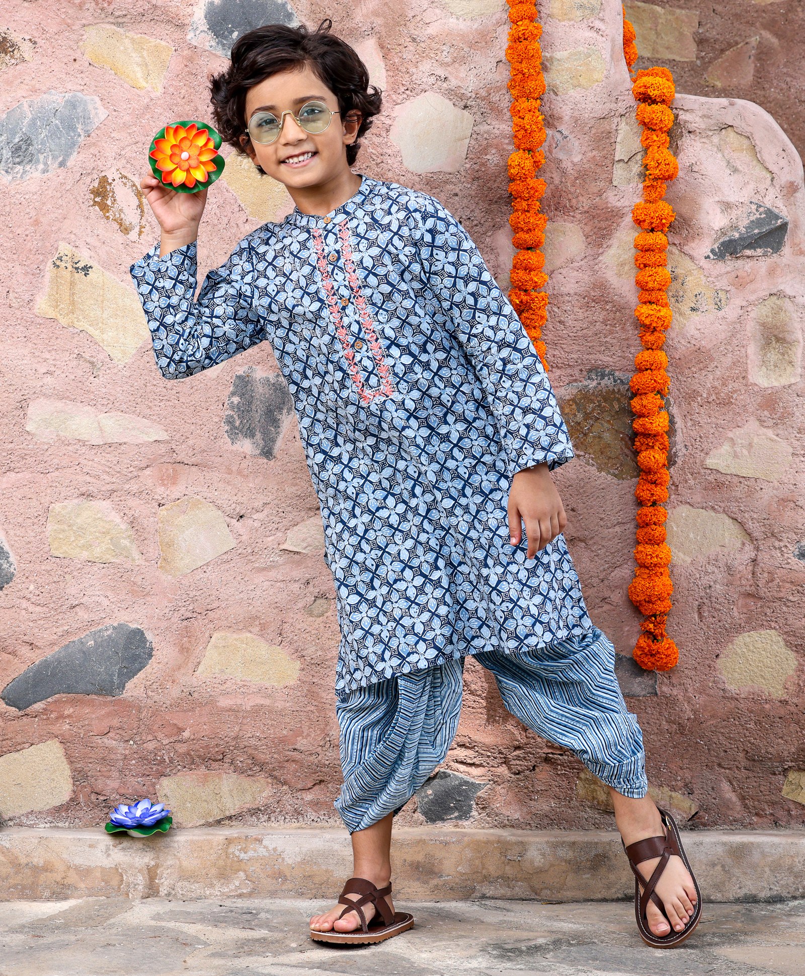 Babyhug 100% Cotton Full Sleeves Woven Floral Printed Kurta Dhoti Set - Blue-picture-36
