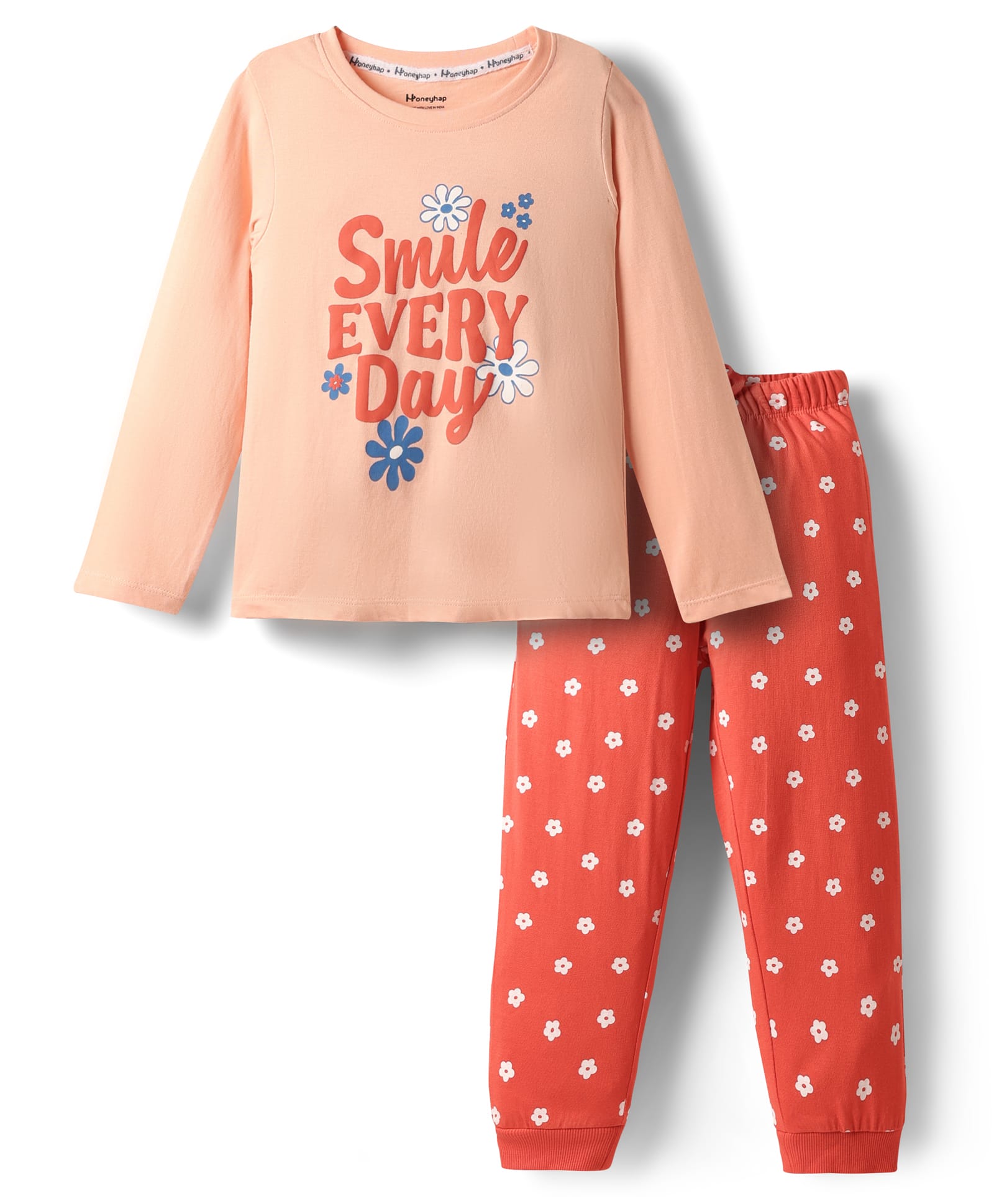 Honeyhap Premium Cotton Full Sleeves Floral Printed Night Suit with Bio Wash - Peach Parfait & Bittersweet-image-38