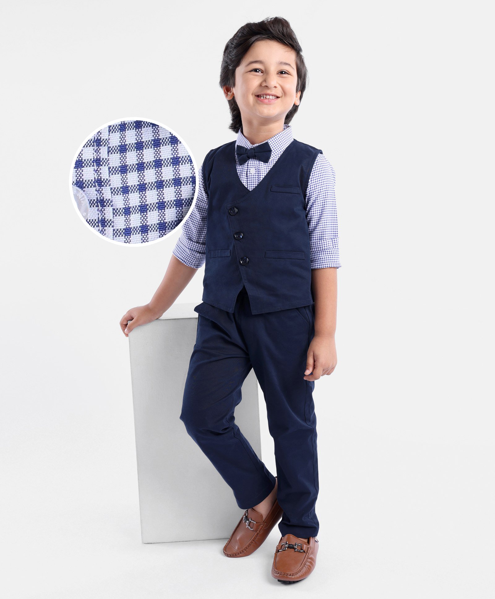Mark & Mia Full Sleeves Checkered Party Suit with Bow Tie - Blue-picture-38