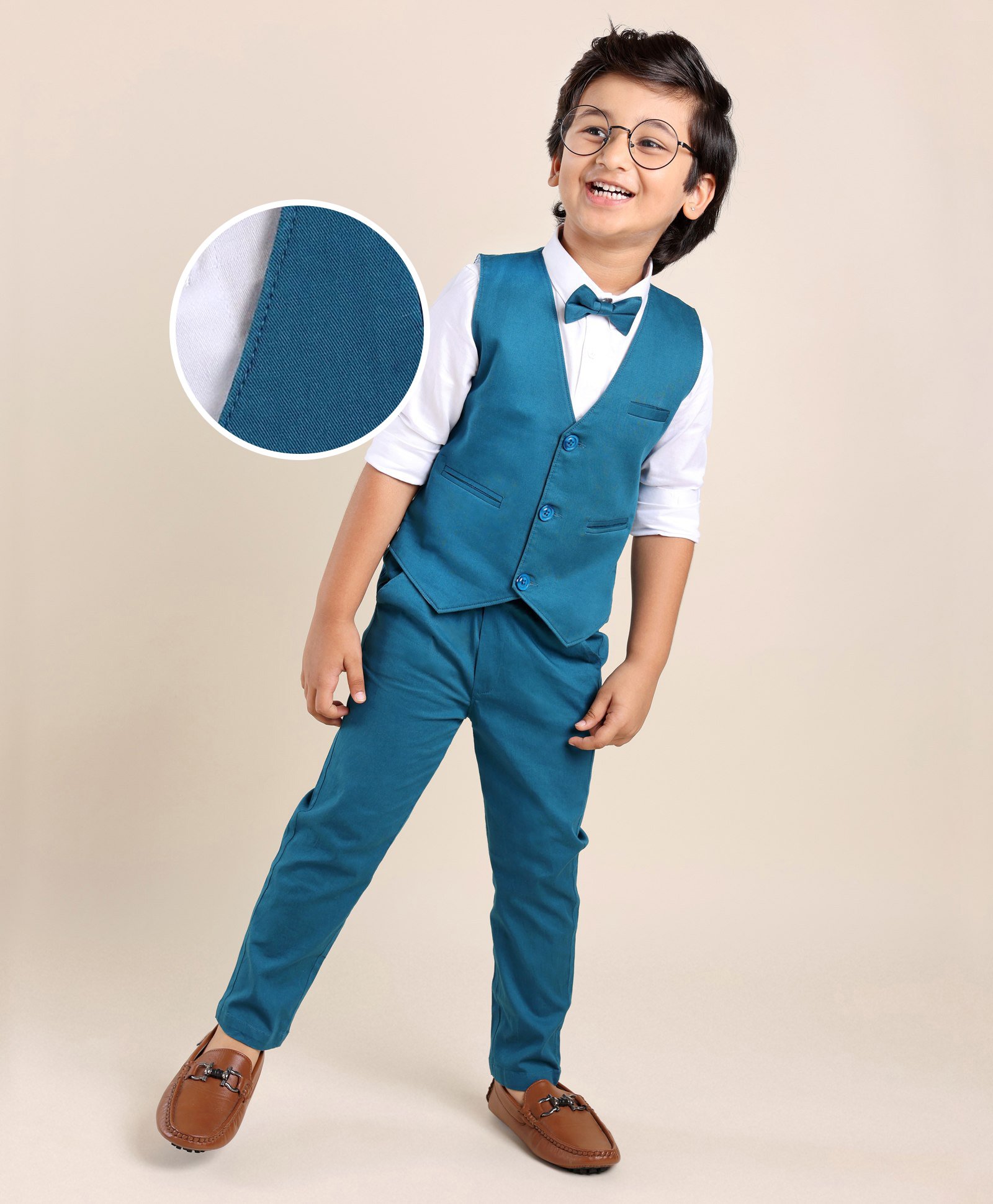 Mark & Mia Full Sleeves 3 Pieces Party Suit with Waist Coat & Bow Detailing -  Teal Blue-image-4