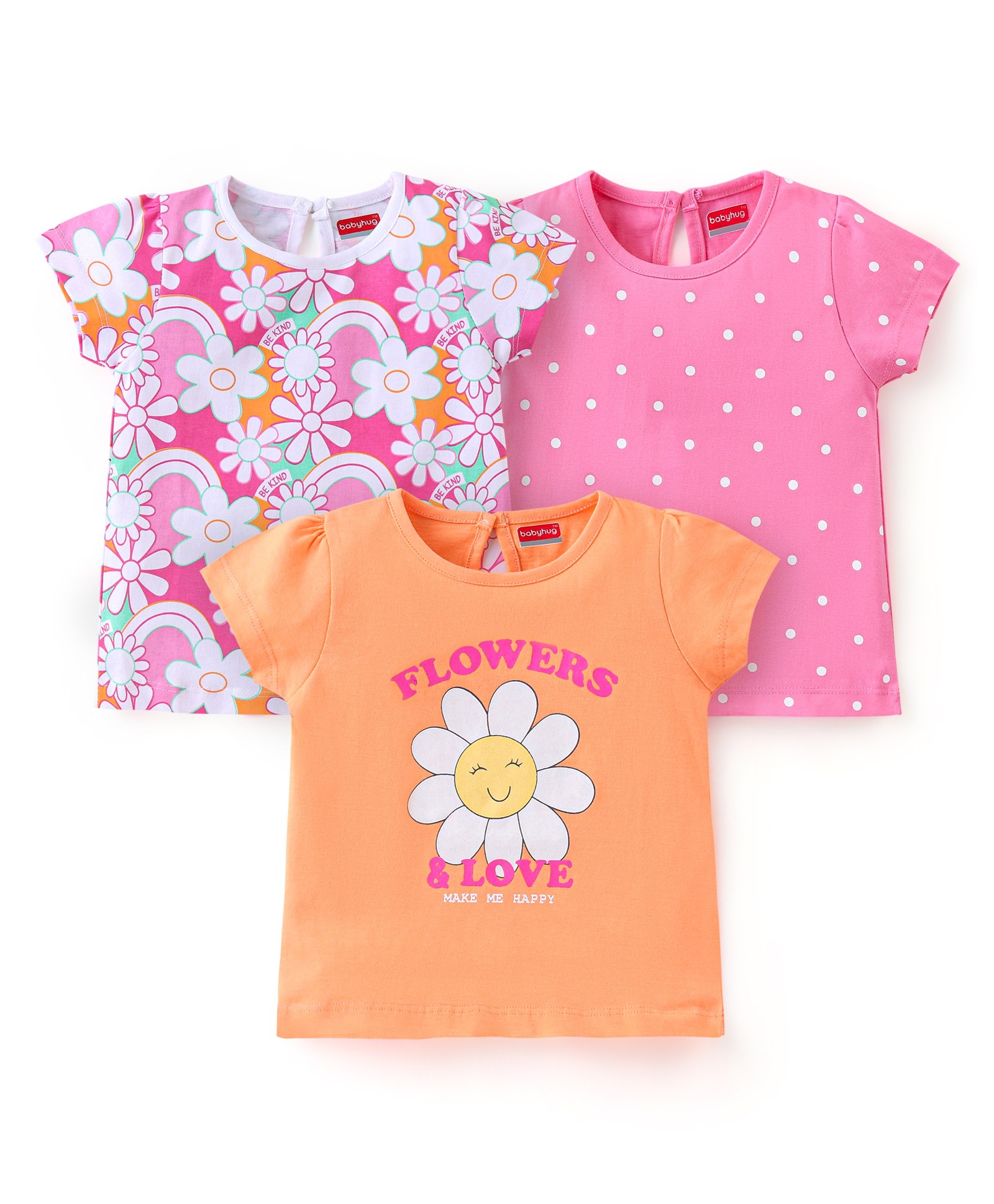 Babyhug Cotton Half Sleeves Tee with With Floral Graphics Pack of 3 - Pink & Orange-image-0