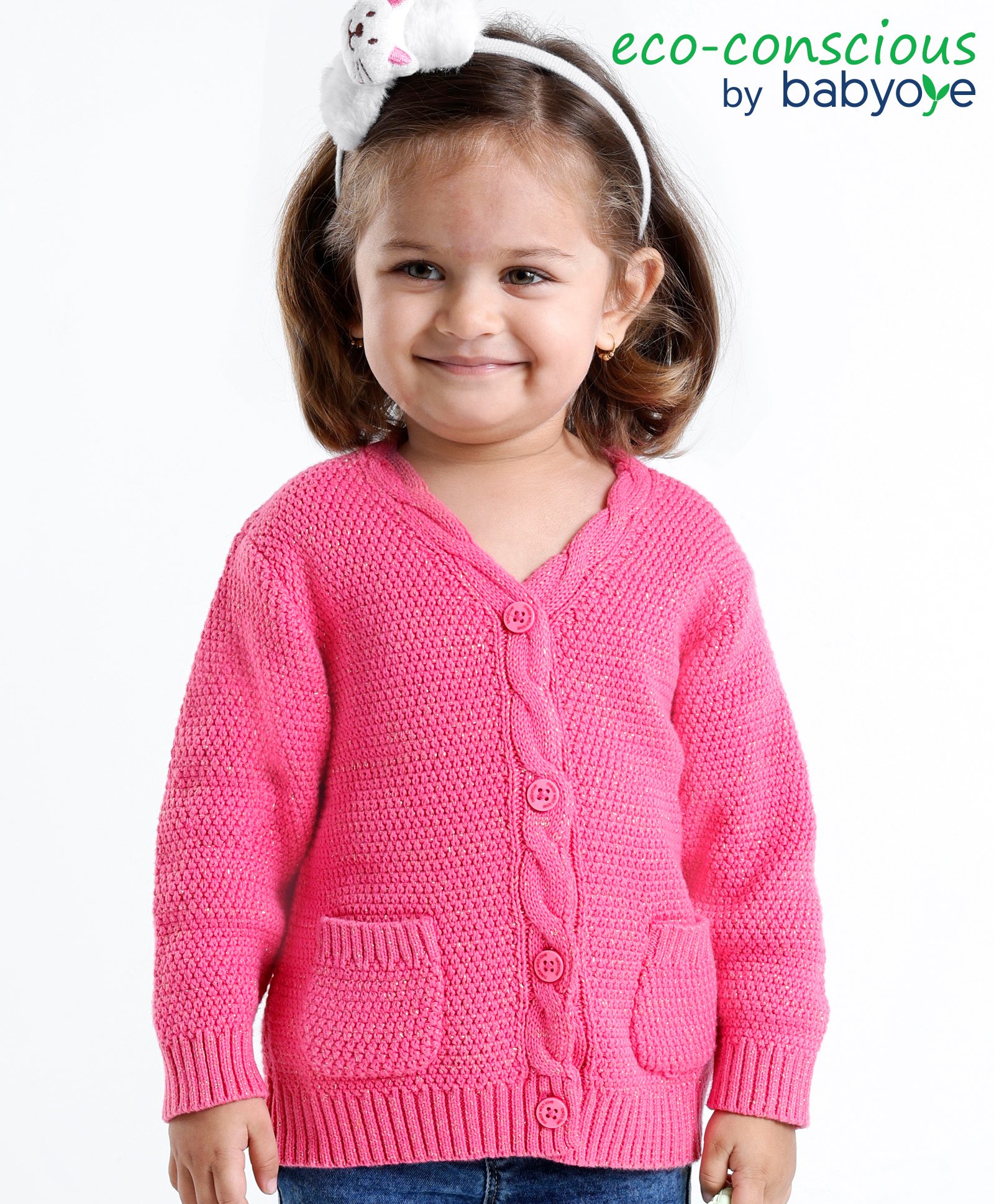 Babyoye Eco Conscious 100% Cotton Solid Full Sleeves Sweater With Front Pocket -  Pink-picture-19