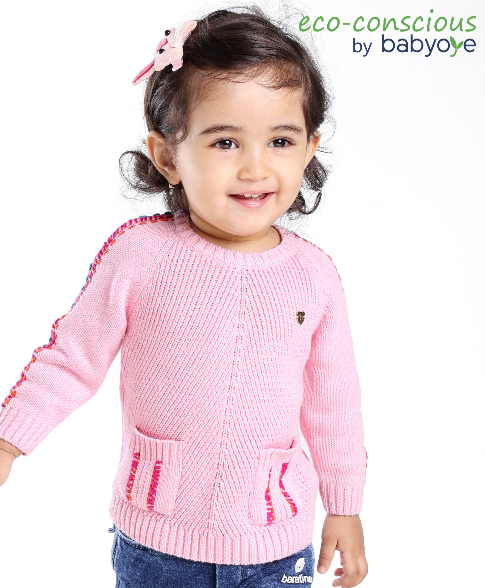 Babyoye Eco Conscious 100% Cotton Full Sleeves Solid Sweater - Pink-image-31
