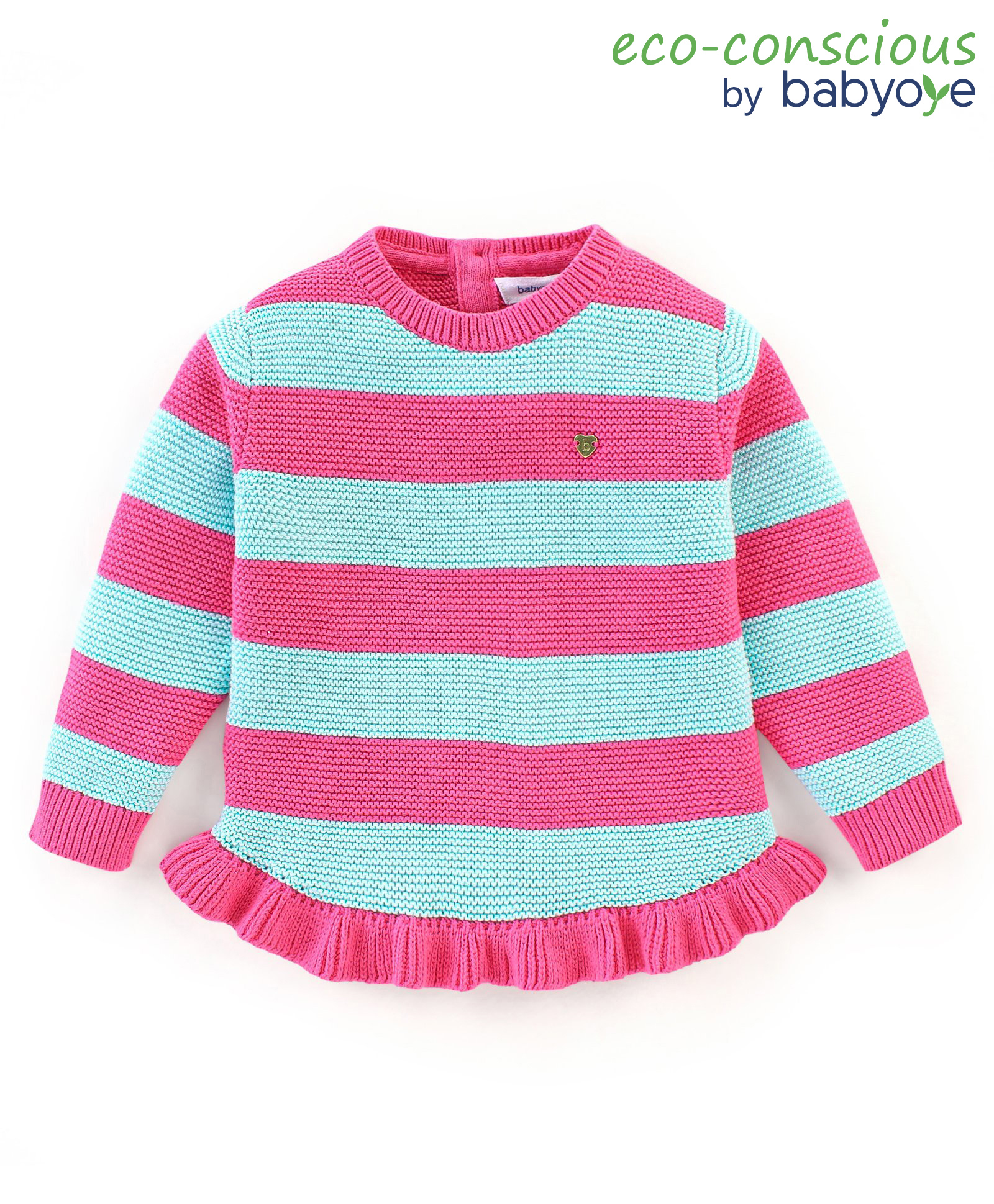 Babyoye Eco Conscious 100% Cotton Knit Full Sleeves Striped Sweater - Mint Blue & Pink-image-49