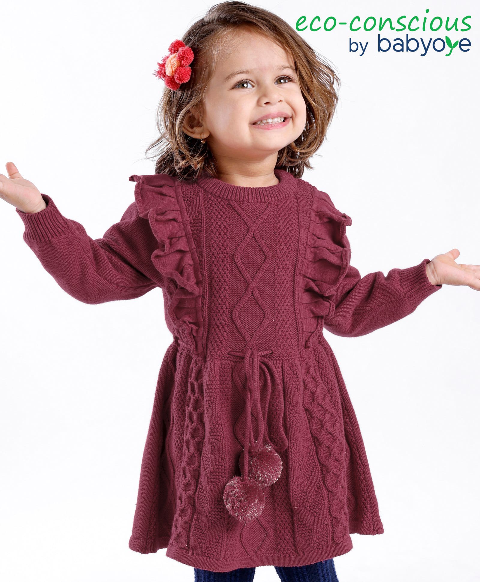 Babyoye Eco Conscious 100% Cotton Solid Cable Knit Full Sleeves Sweater Frock - Red-image-25