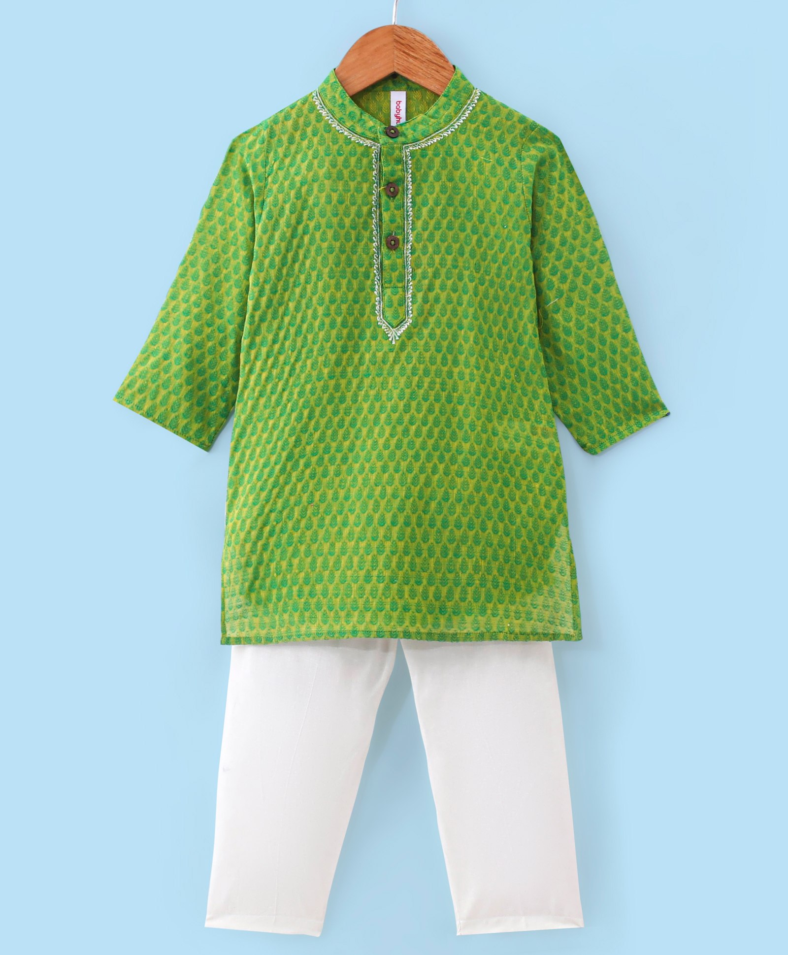 Babyhug 100% Cotton Dobby Full Sleeves Embroidered Kurta & Pyjama Set- Green-picture-18