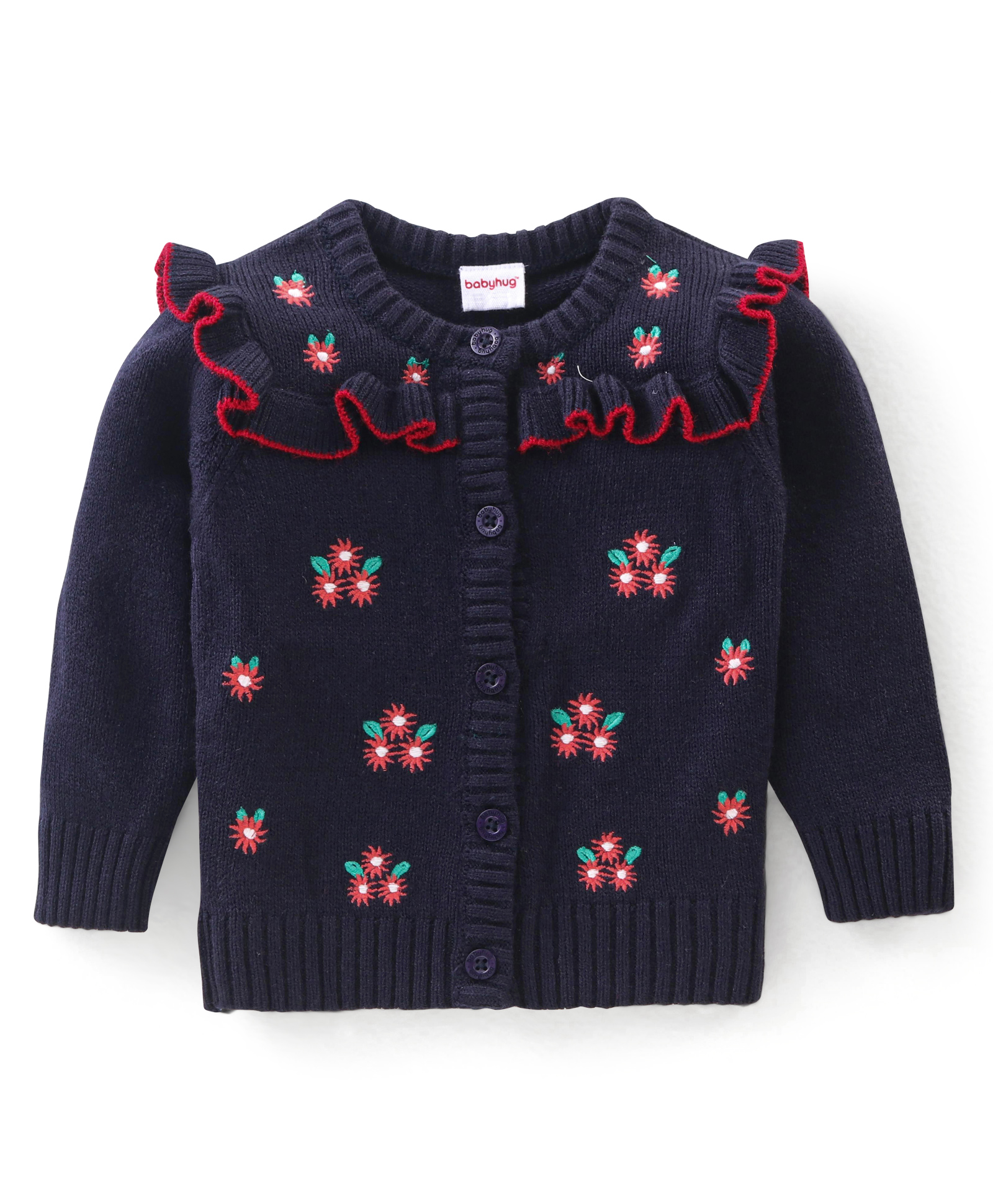 Babyhug 100% Acrylic Knit Full Sleeves Sweater With Floral Embroidery - Navy Blue-image-29