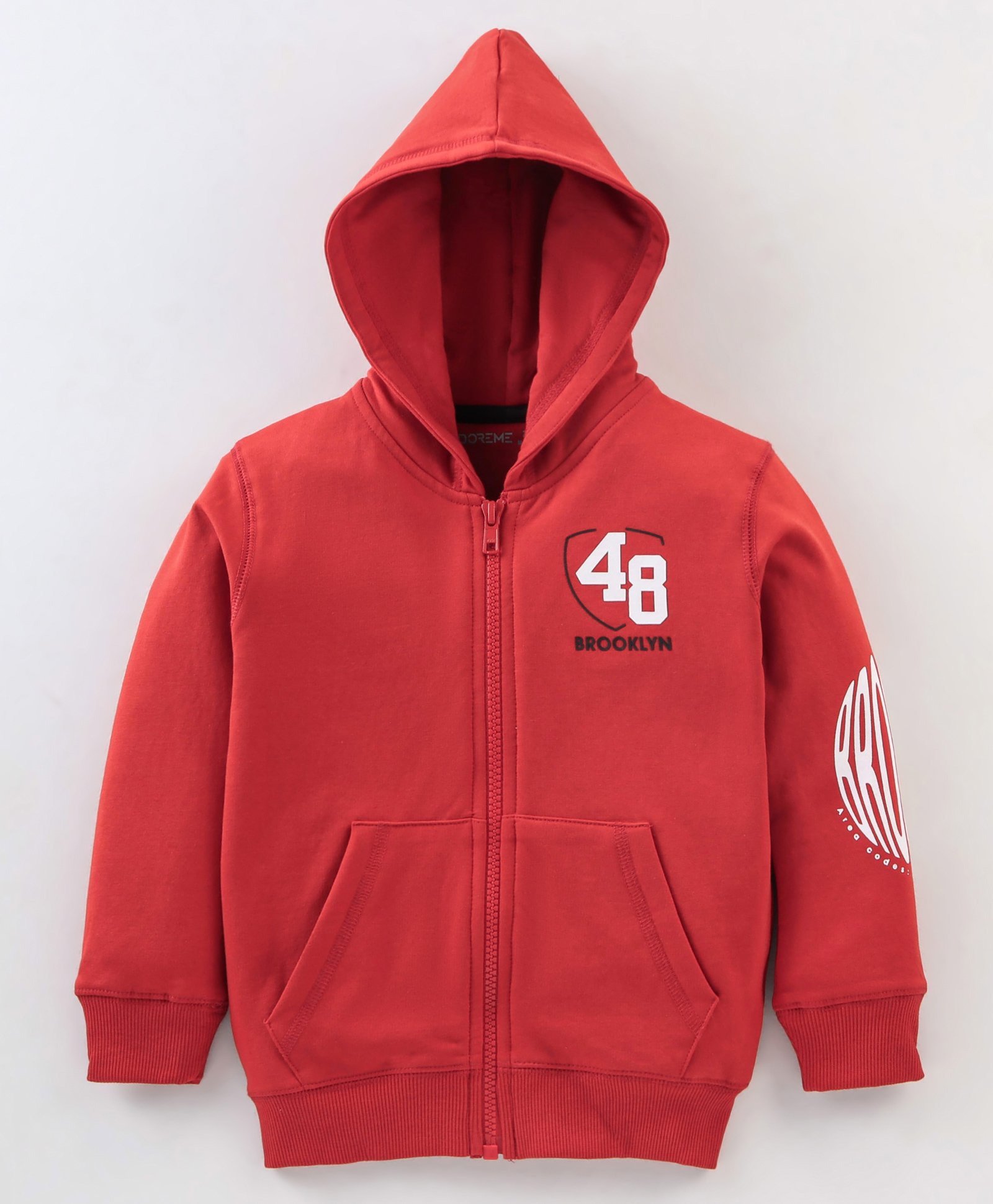 Doreme Cotton Fleece Full Sleeves Hooded Sweat Jacket Text Print- Red-image-33