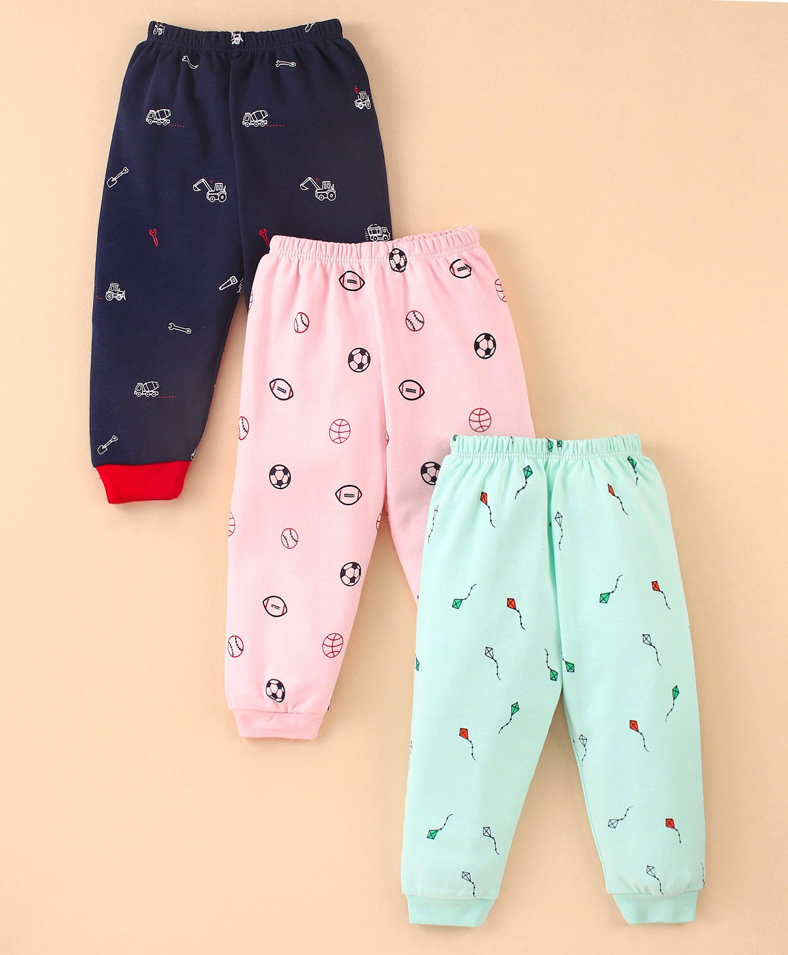 Mini Donuts Cotton Full Length Lounge Pants Kite & Football Print Pack Of 3 - Blue Peach & Green-image-12