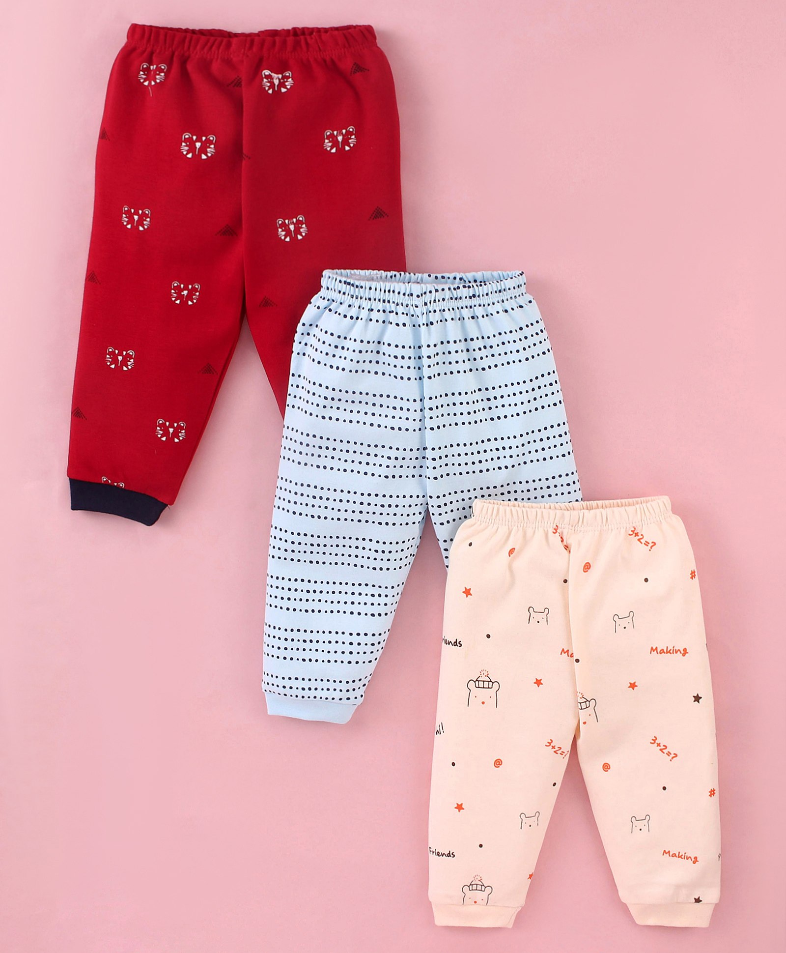Mini Donuts Cotton Full Length Lounge Pants Bear & Tiger Print Pack Of 3 - Blue Red & Peach-image-23