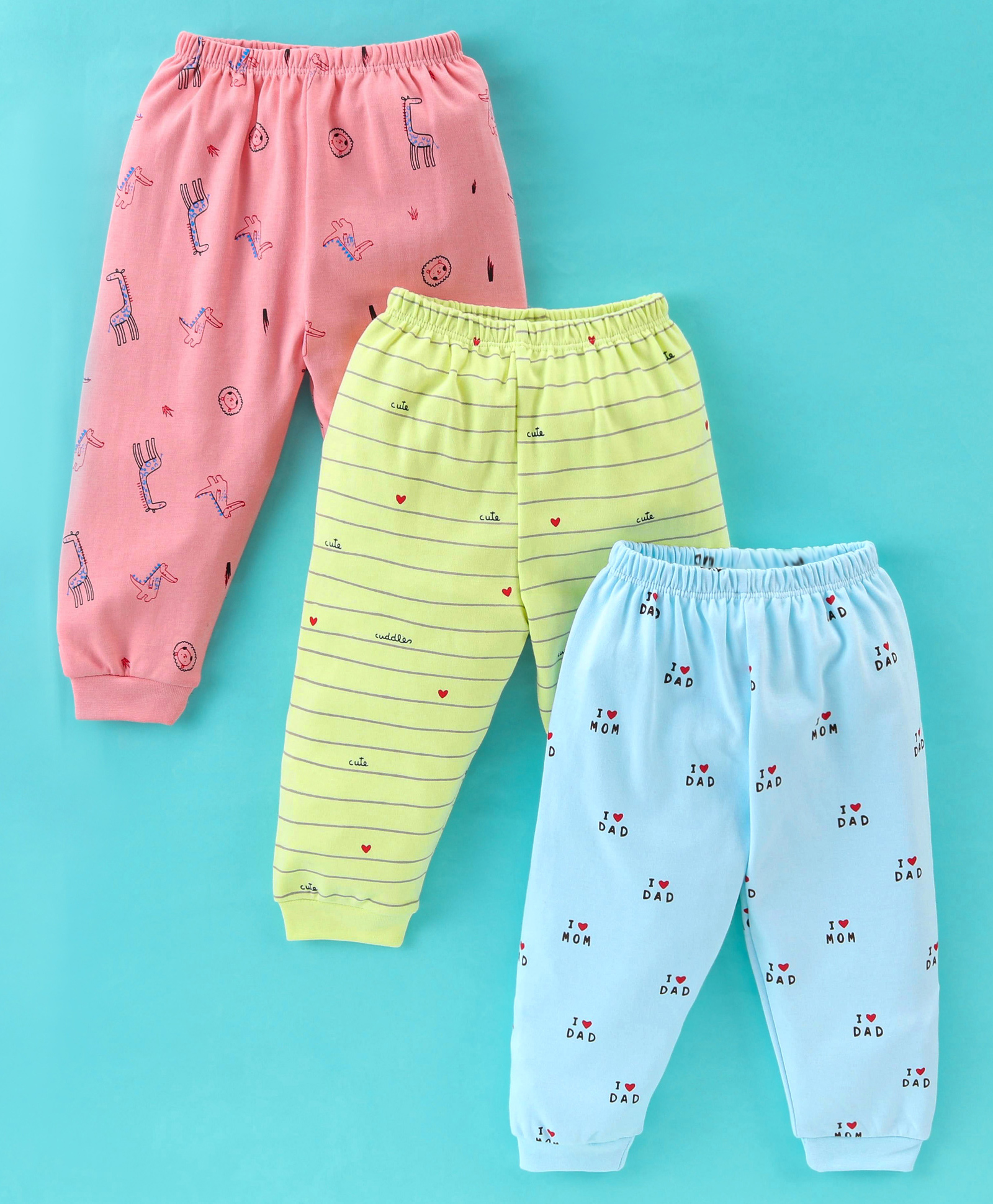 Mini Donuts Cotton Full Length Lounge Pants Stripes & Giraffe Print Pack Of 3 - Pink Green & Blue-image-16