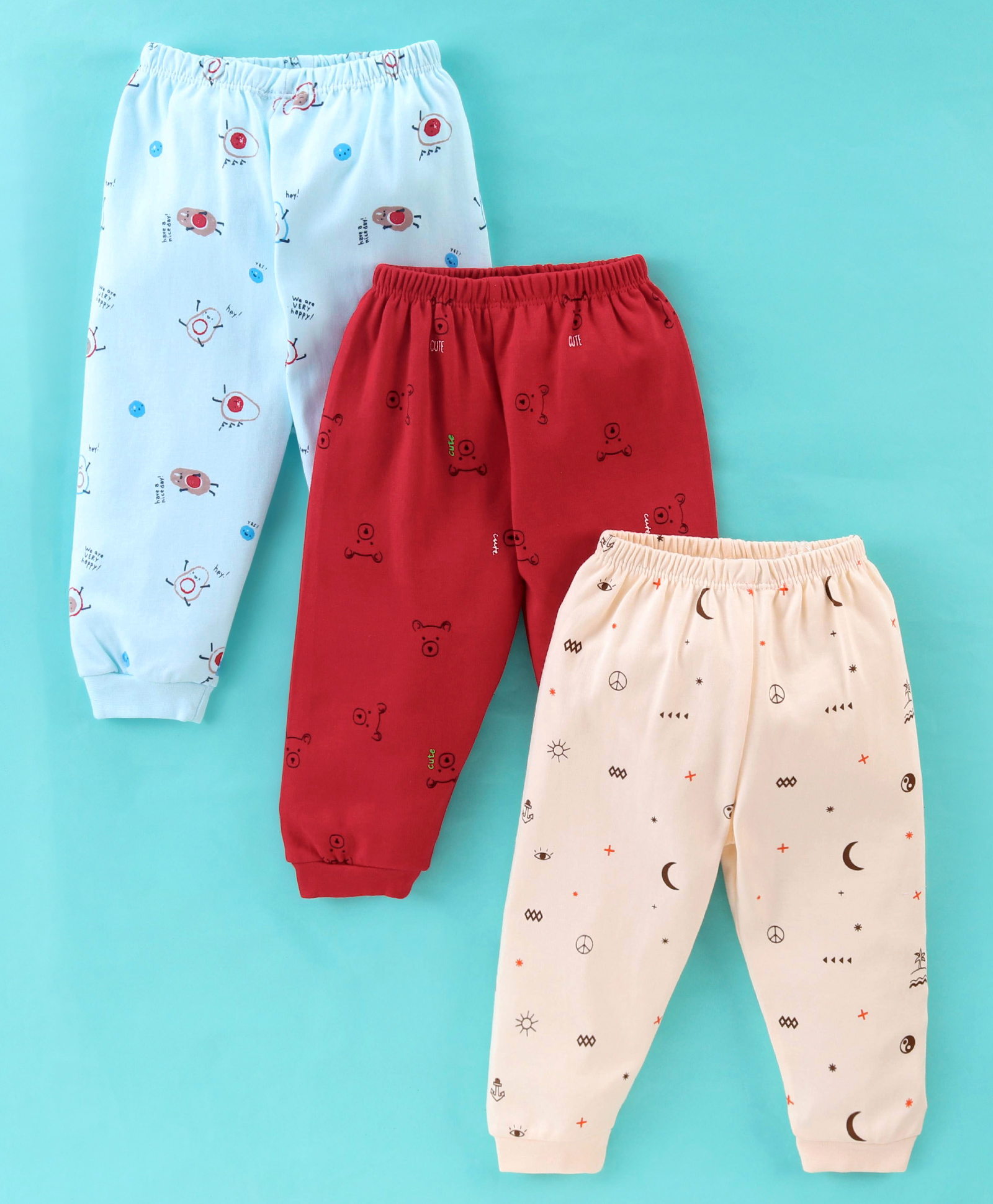 Mini Donuts Cotton Full Length Lounge Pants Bear & Avocado Print Pack Of 3 - Red Blue & Peach-picture-27