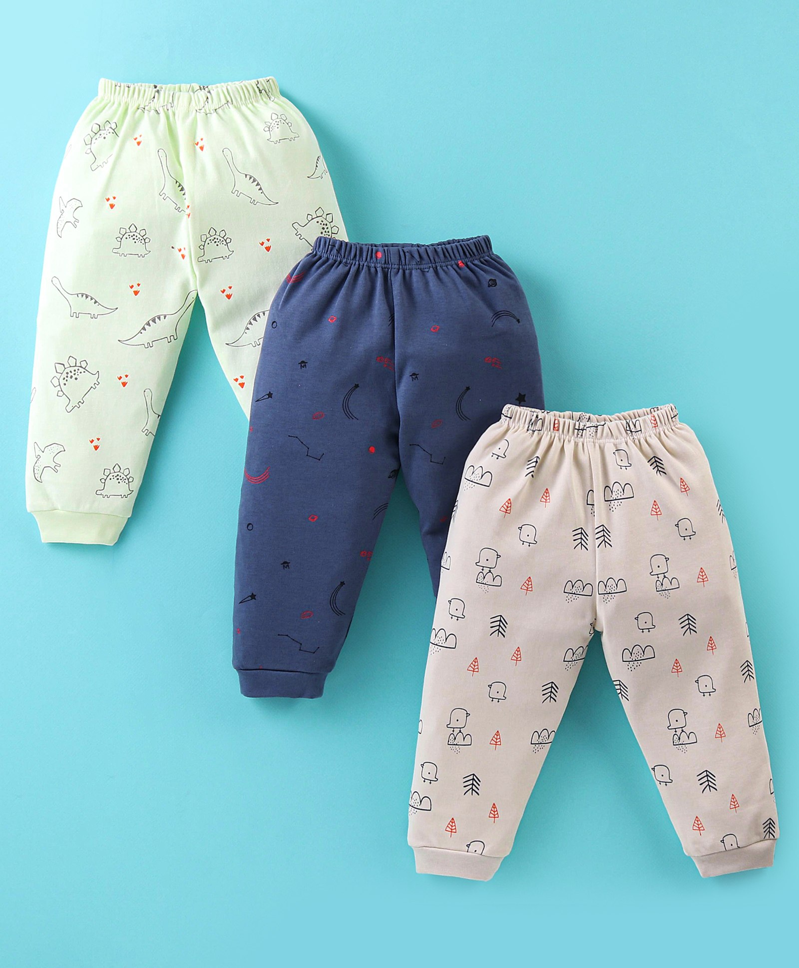 Mini Donuts Full Length Lounge Pants Dino Print Pack Of 3 - Green Blue & Beige-image-34