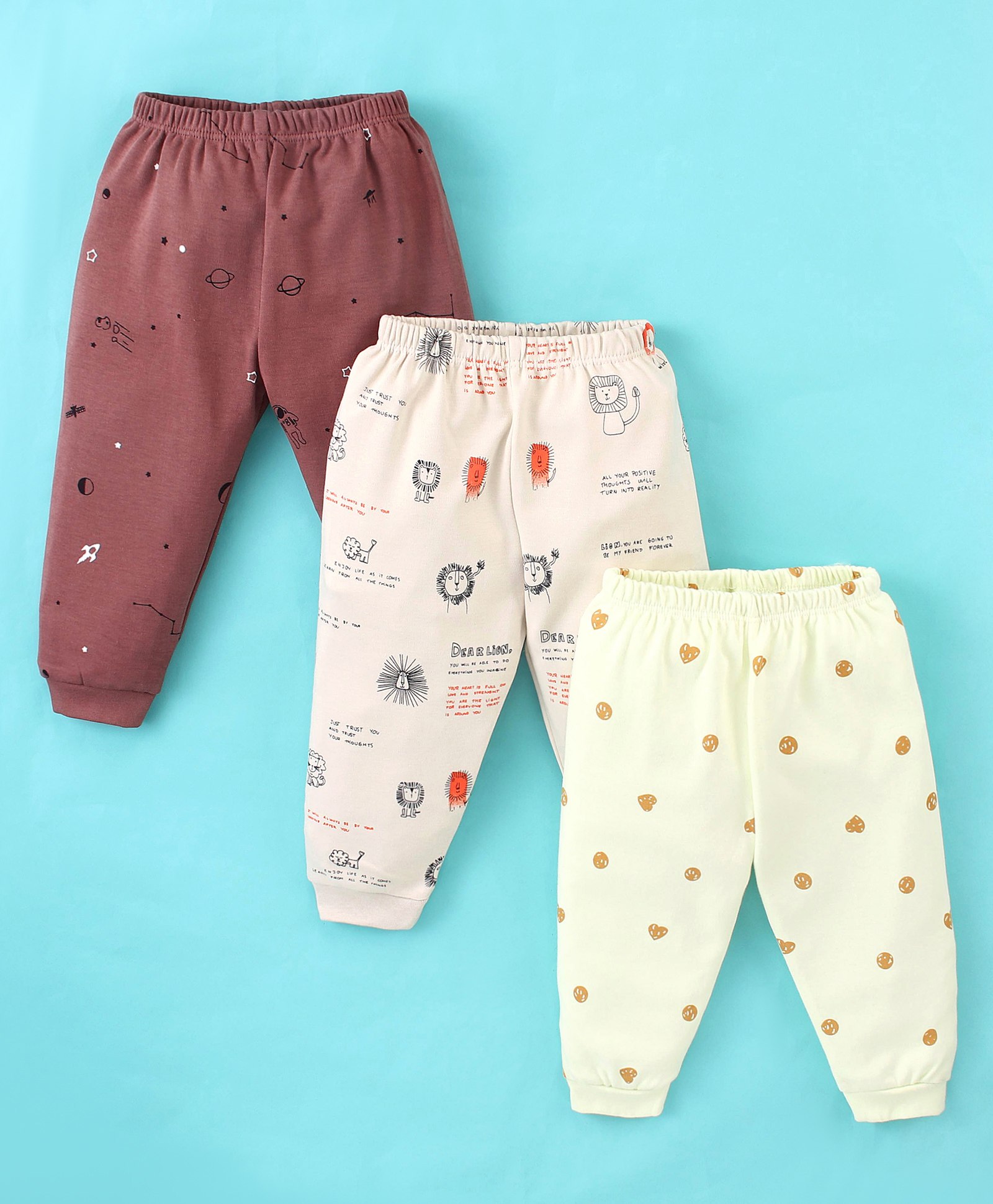 Mini Donuts Cotton Full Length Lounge Pants Lion & Stars Print Pack Of 3 - Brown Beige Yellow-picture-22