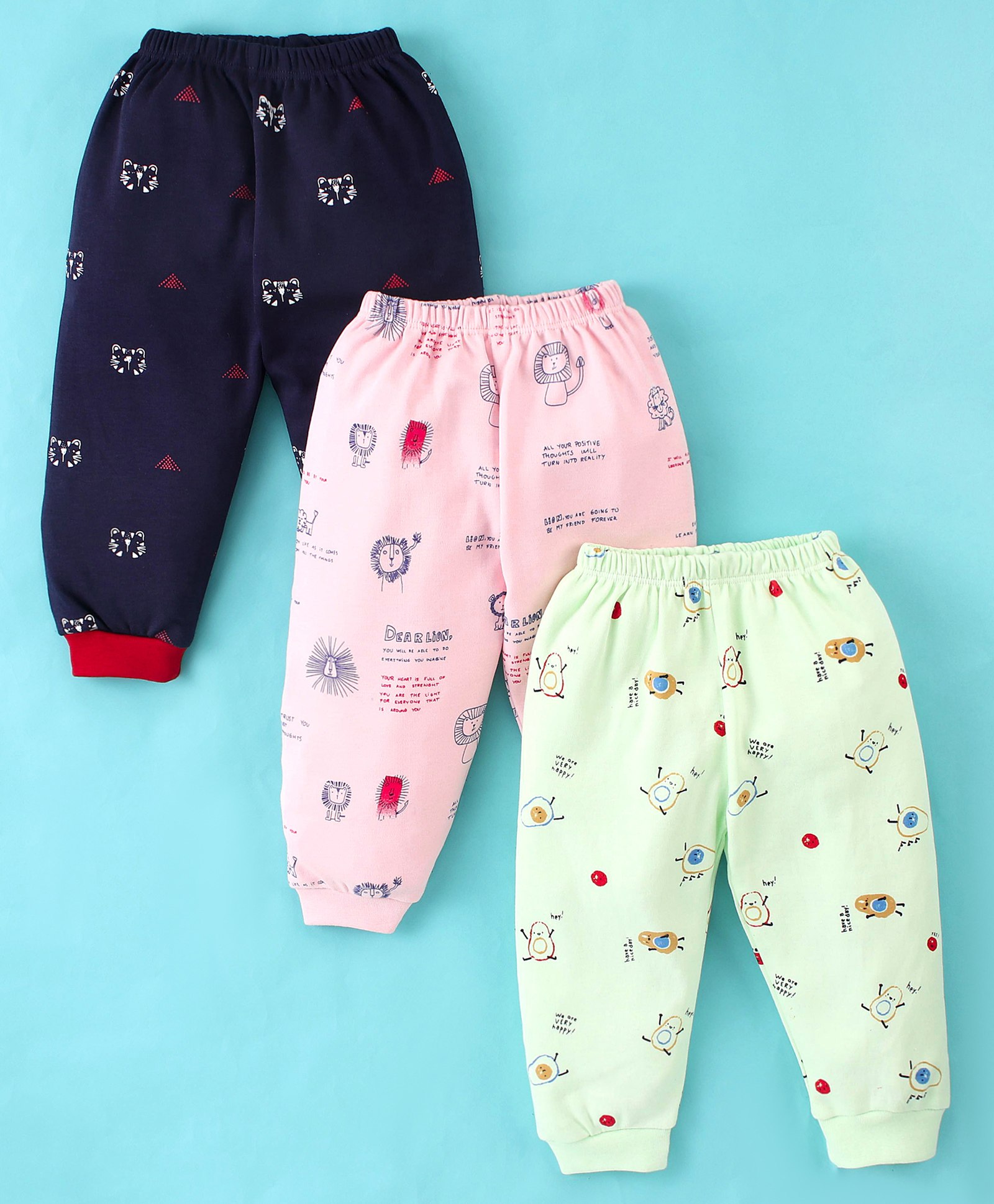 Mini Donuts Cotton Full Length Lounge Pants Lion & Tiger Print Pack Of 3 - Peach Green & Blue-picture-19