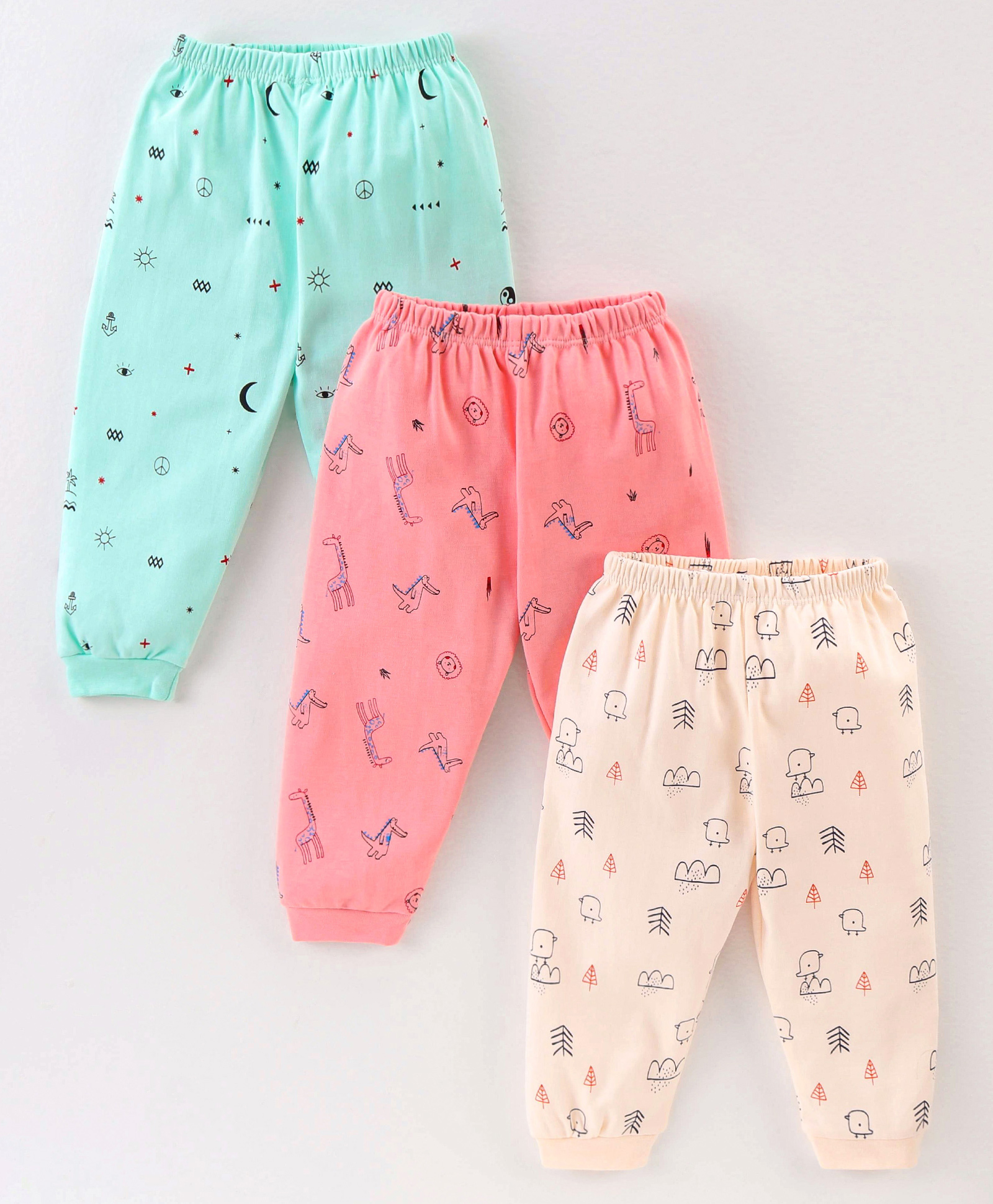 Mini Donuts Cotton Full Length Lounge Pants Dino Print Pack Of 3 - Pink Green & Peach-picture-15
