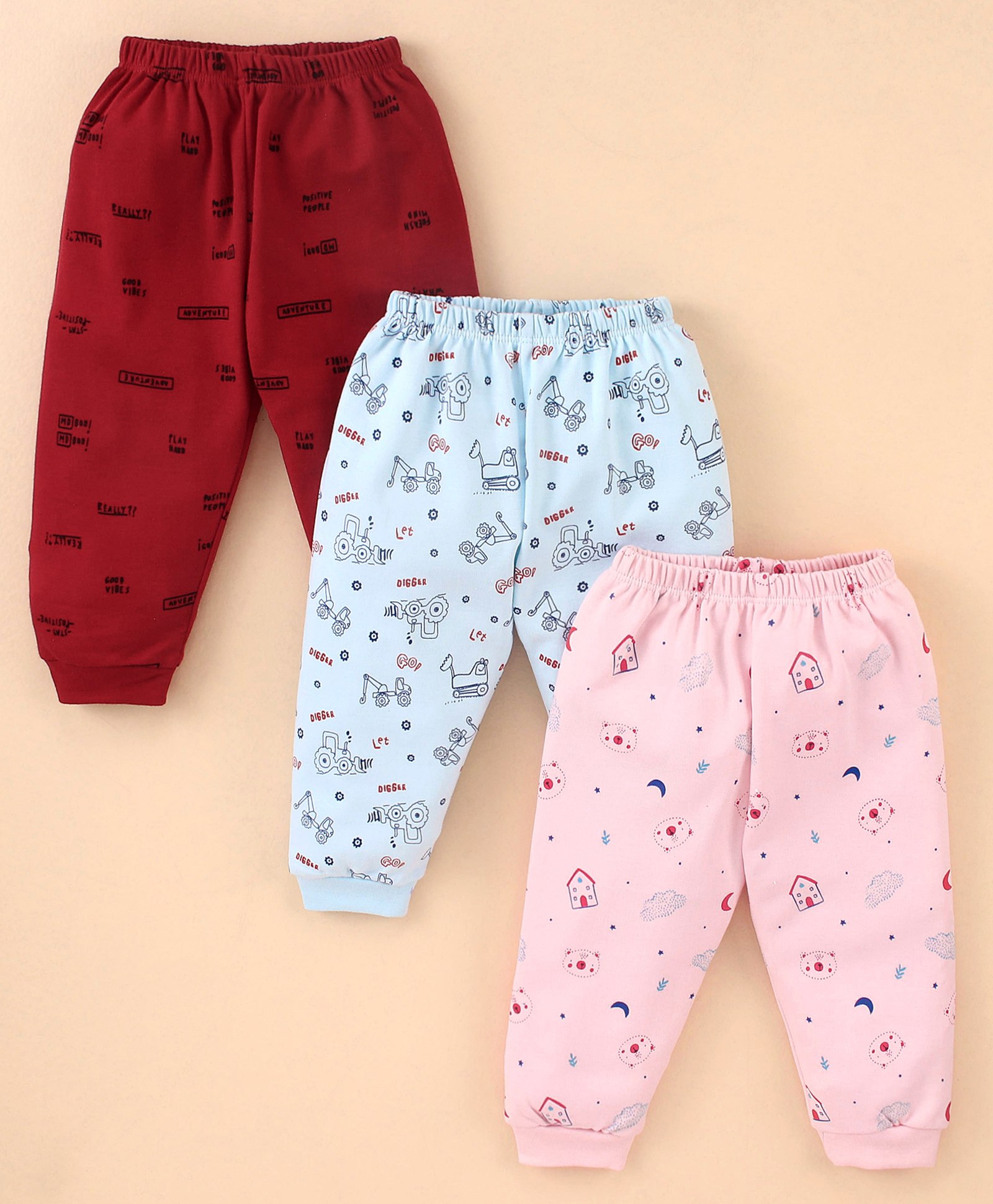 Mini Donuts Cotton Full Length Lounge Pants Truck & Cloud Print Pack Of 3 - Pink Maroon & Blue-image-25