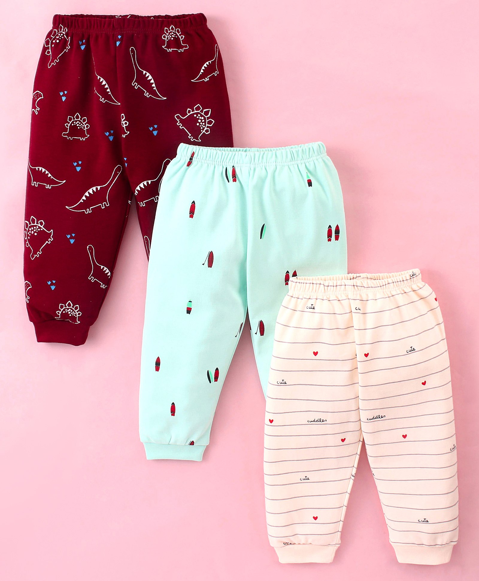 Mini Donuts Cotton Full Length Lounge Pants Kite & Football Print Pack Of 3 - Peach Maroon & Green-picture-19