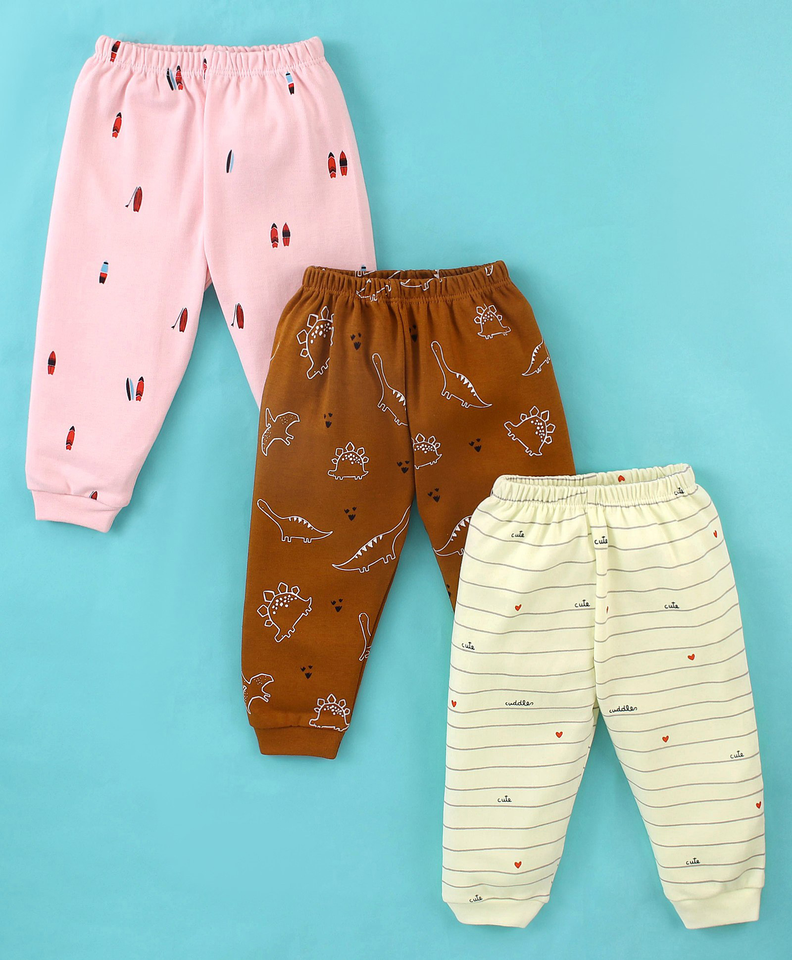 Mini Donuts Cotton Full Length Lounge Pants Stripes & Dino Print Pack Of 3 - Brown Peach & Yellow-picture-26