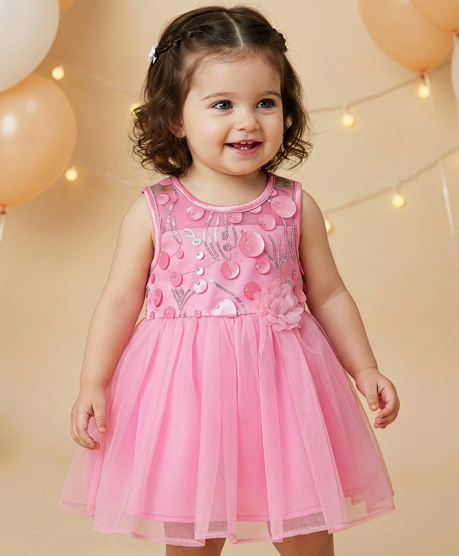 Babyoye Sleeveless Party Frock with Floral Applique - Light Pink-picture-4