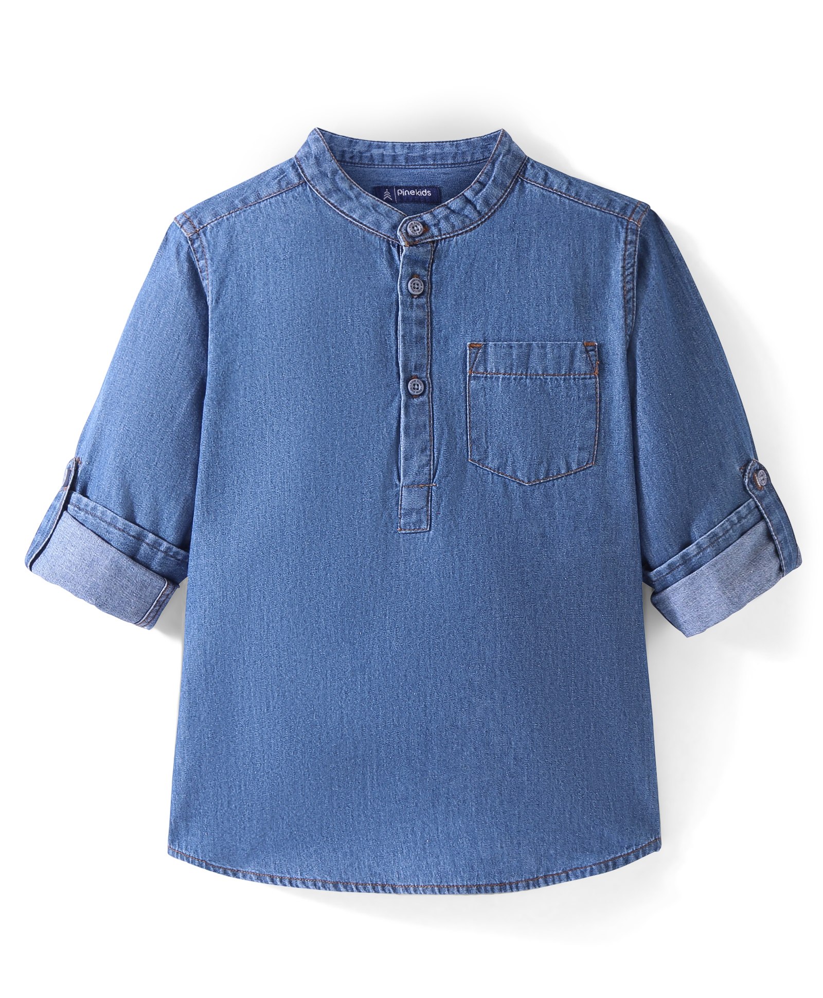 Pine Kids Denim Full Sleeves Washed Shirt With Mandarin Collar- Mid Blue-image-29