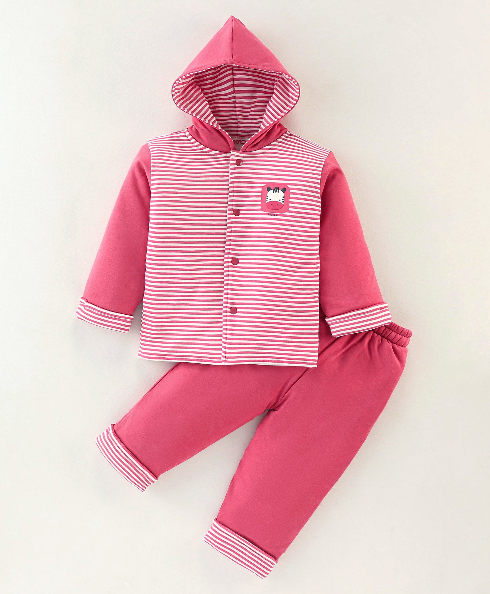 Doreme Interlock Cotton Full Sleeves Hooded Winter Wear Suits Stripes & Zebra Print - Pink-picture-10