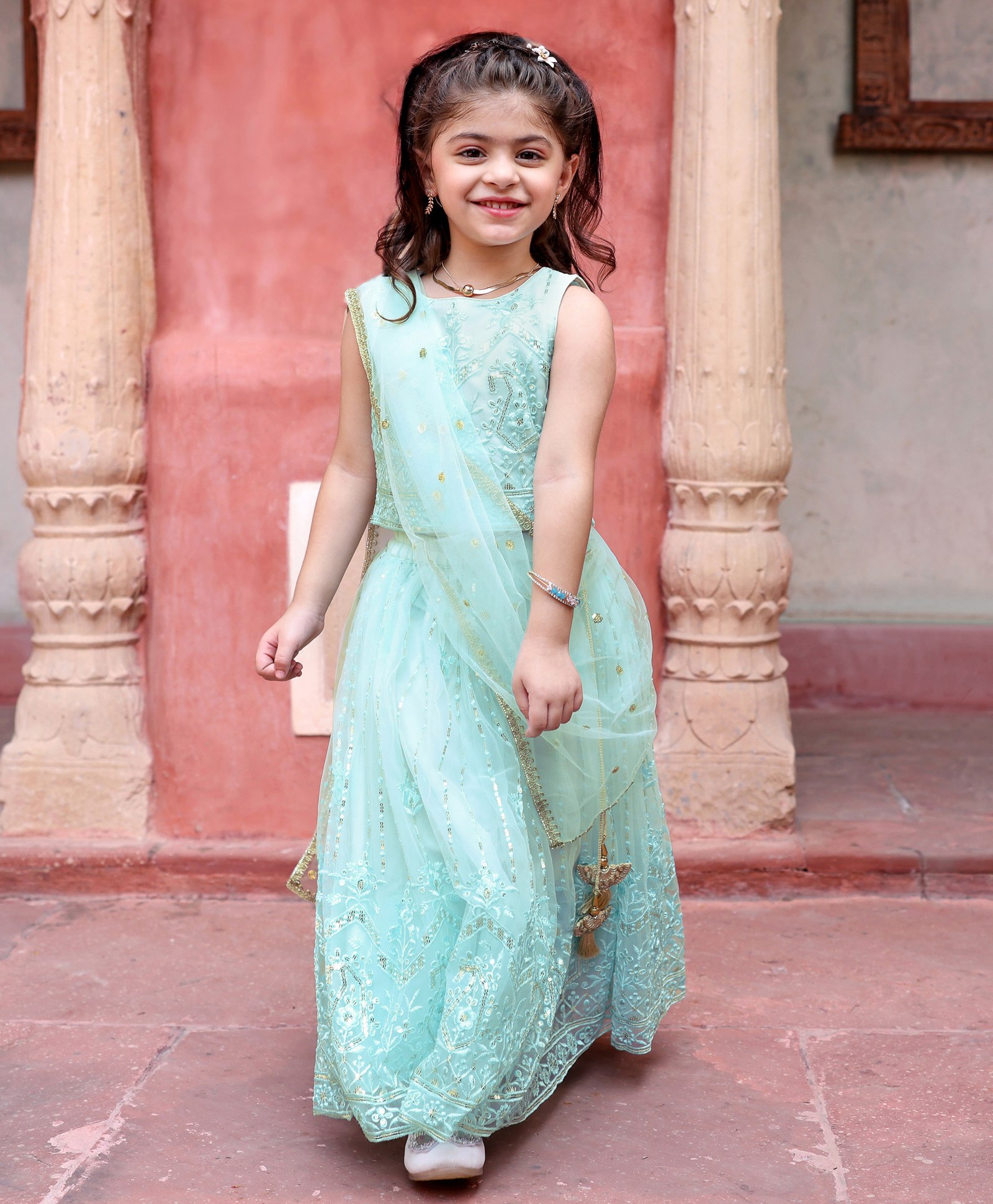 Babyhug Sleeveless Sequenced Embroidered Choli With Lehenga And Dupatta Set- Aqua-image-25