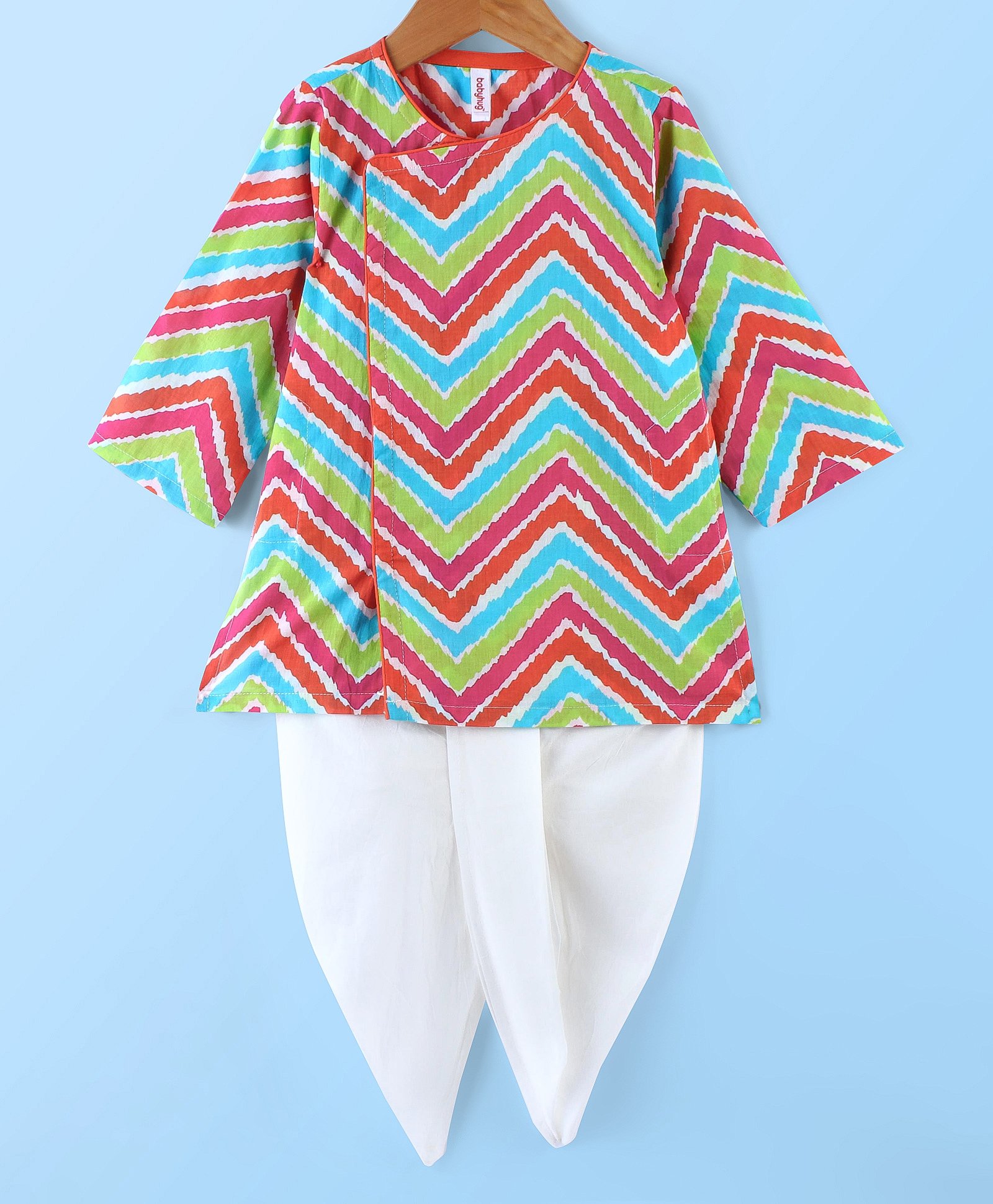 Babyhug 100% Cotton Full Sleeves Angarakha Kurta & Solid Color Dhoti Set With Chevron Print- Blue Green & Pink-picture-24
