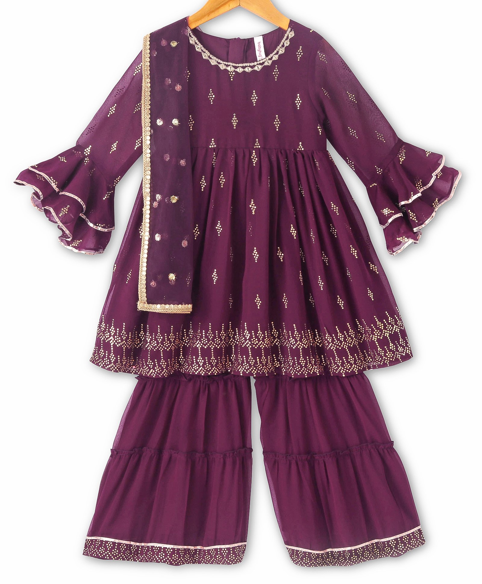Babyhug Three Fourth Sleeves Rubber Print Kurti With Gharara And Net Dupatta- Purple-image-29