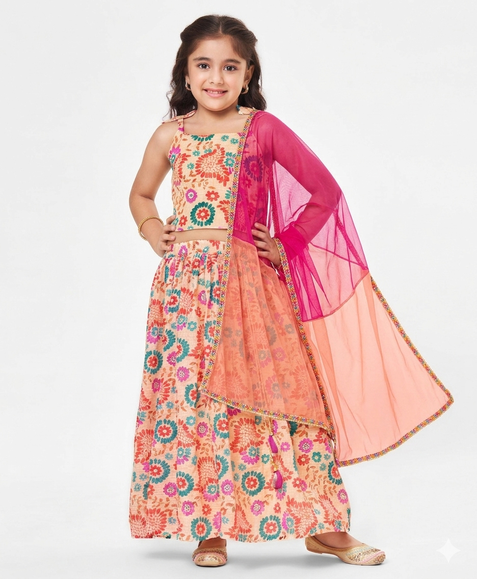 Babyhug Sleeveless Sequenced Choli With Lehenga And Dupatta Floral Print- Pink & Beige-image-5