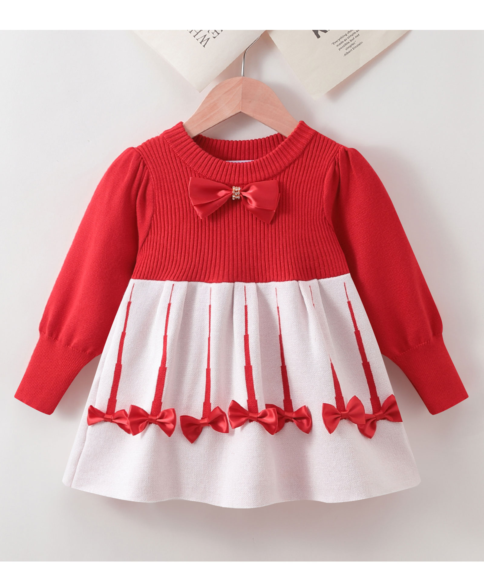 Kookie Kids Full Sleeves Textured Winter Frock with Bow Applique - Red & White-image-8