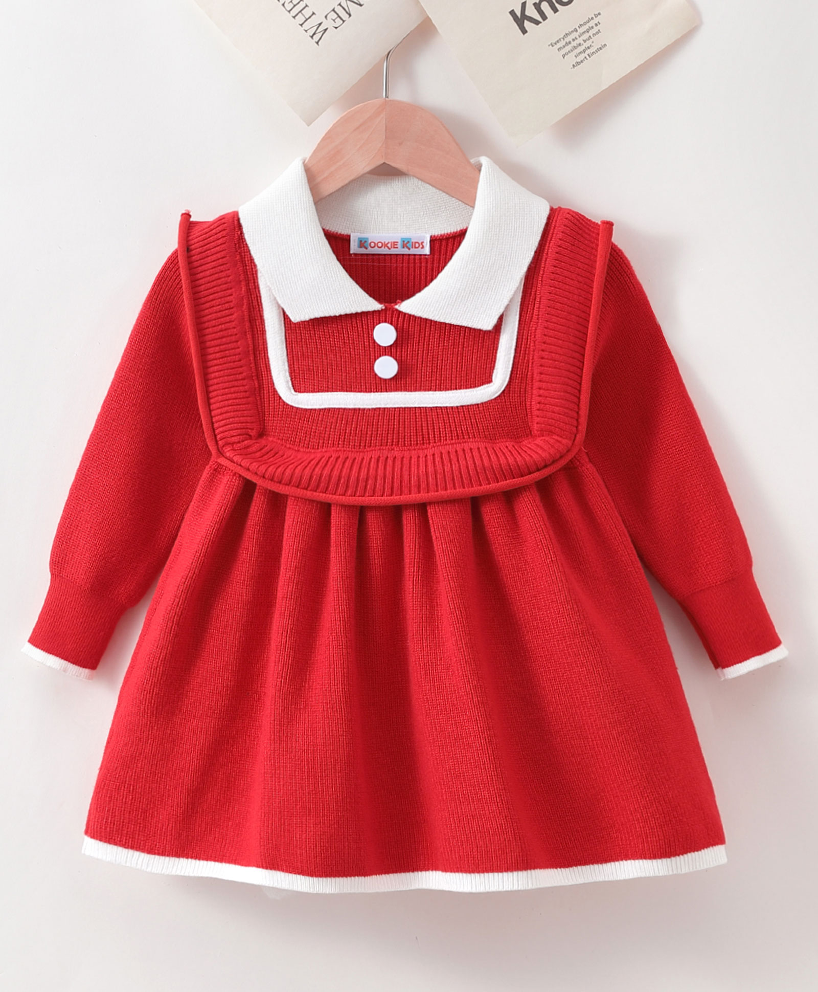 Kookie Kids Full Sleeves Textured Winter Frock - Red-picture-16
