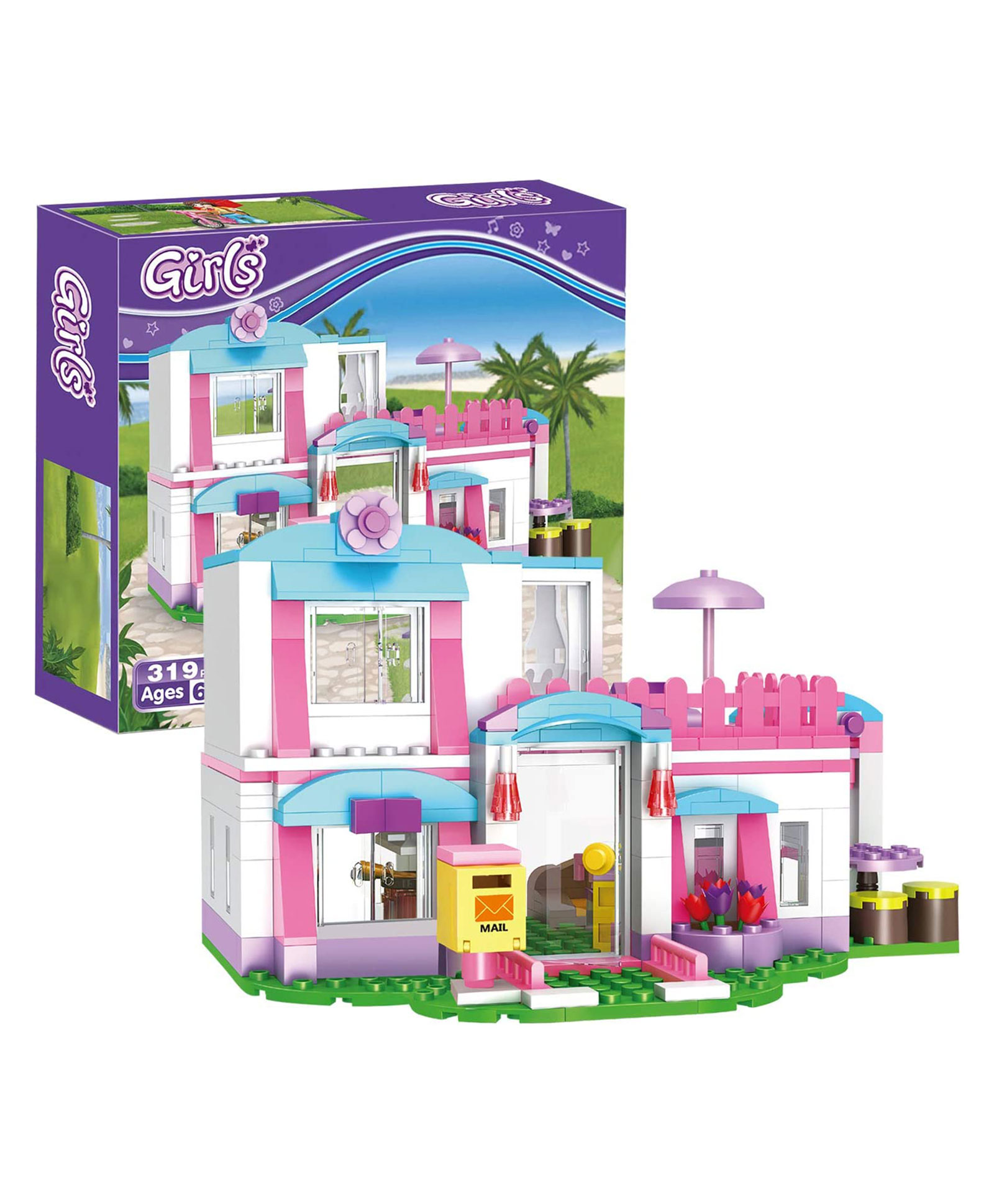 NEGOCIO Girls House Building Blocks Toys Pink Beach Villa Swing Sun Lounger Building Kit STEM Bricks Toys for Girls Dolls House Construction Play Set- 319 Pieces-image-29