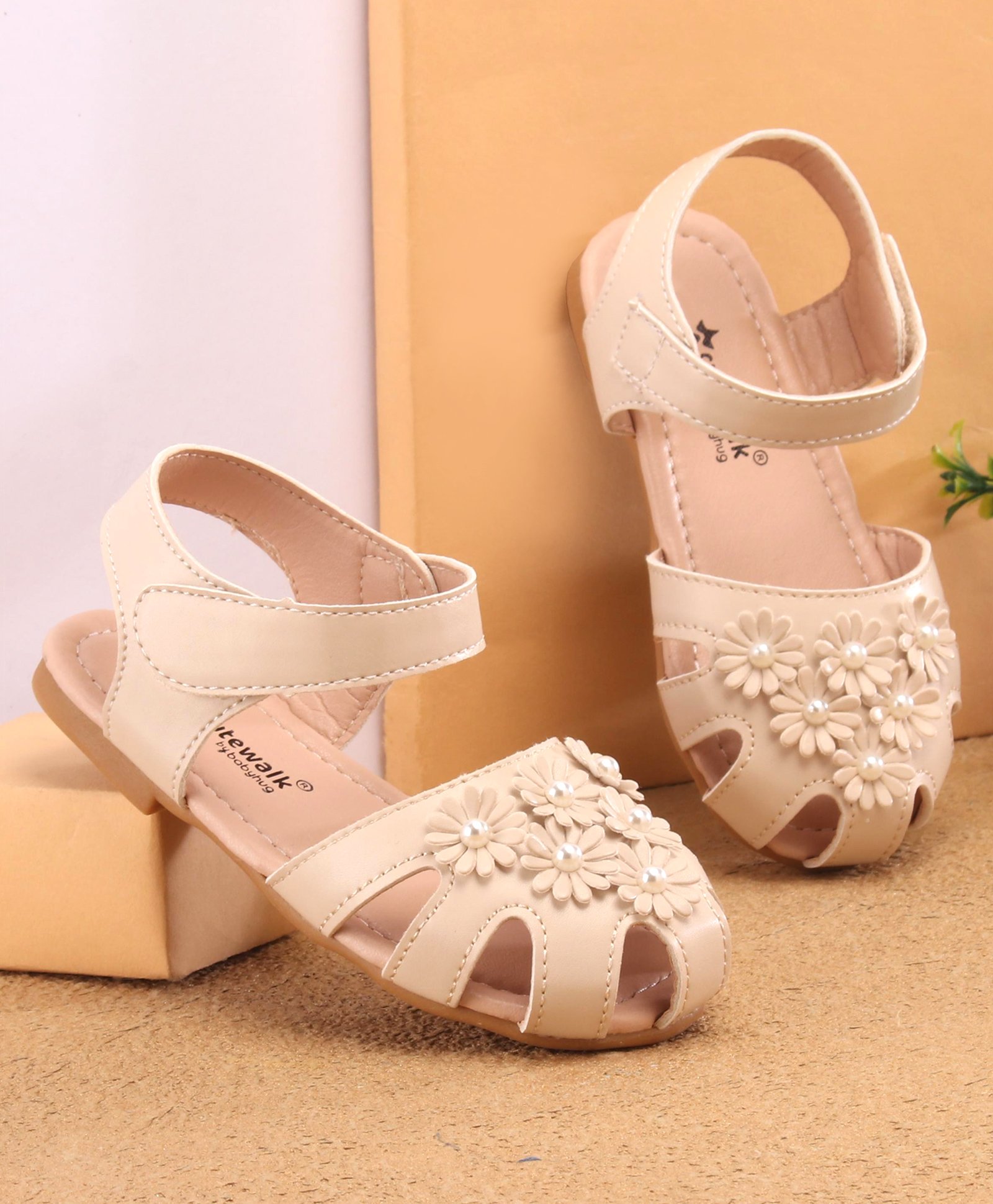 Cute Walk by Babyhug Velcro Closure Peep Toes with Floral Applique - Beige-image-38