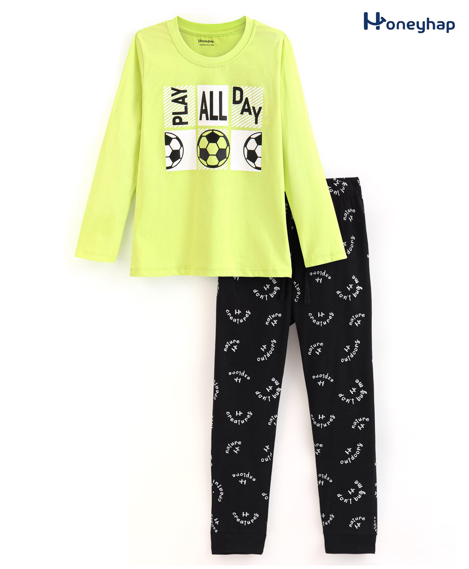 Honeyhap Premium Cotton Full Sleeves Night Suit With Bio Finish Football Print - Wild Lime & Black-picture-27