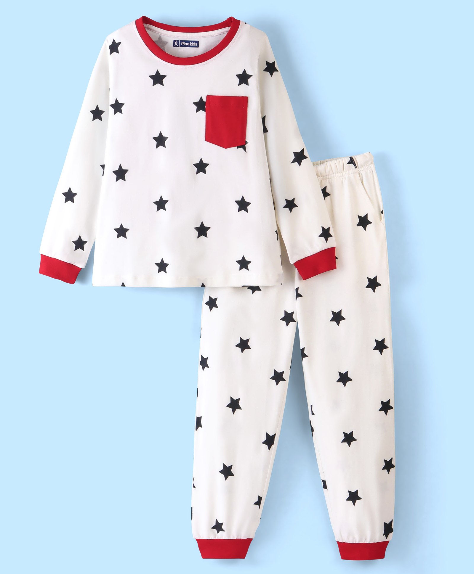 Pine Kids Cotton Full Sleeves Night Suit Star Print - Red & Black-image-15