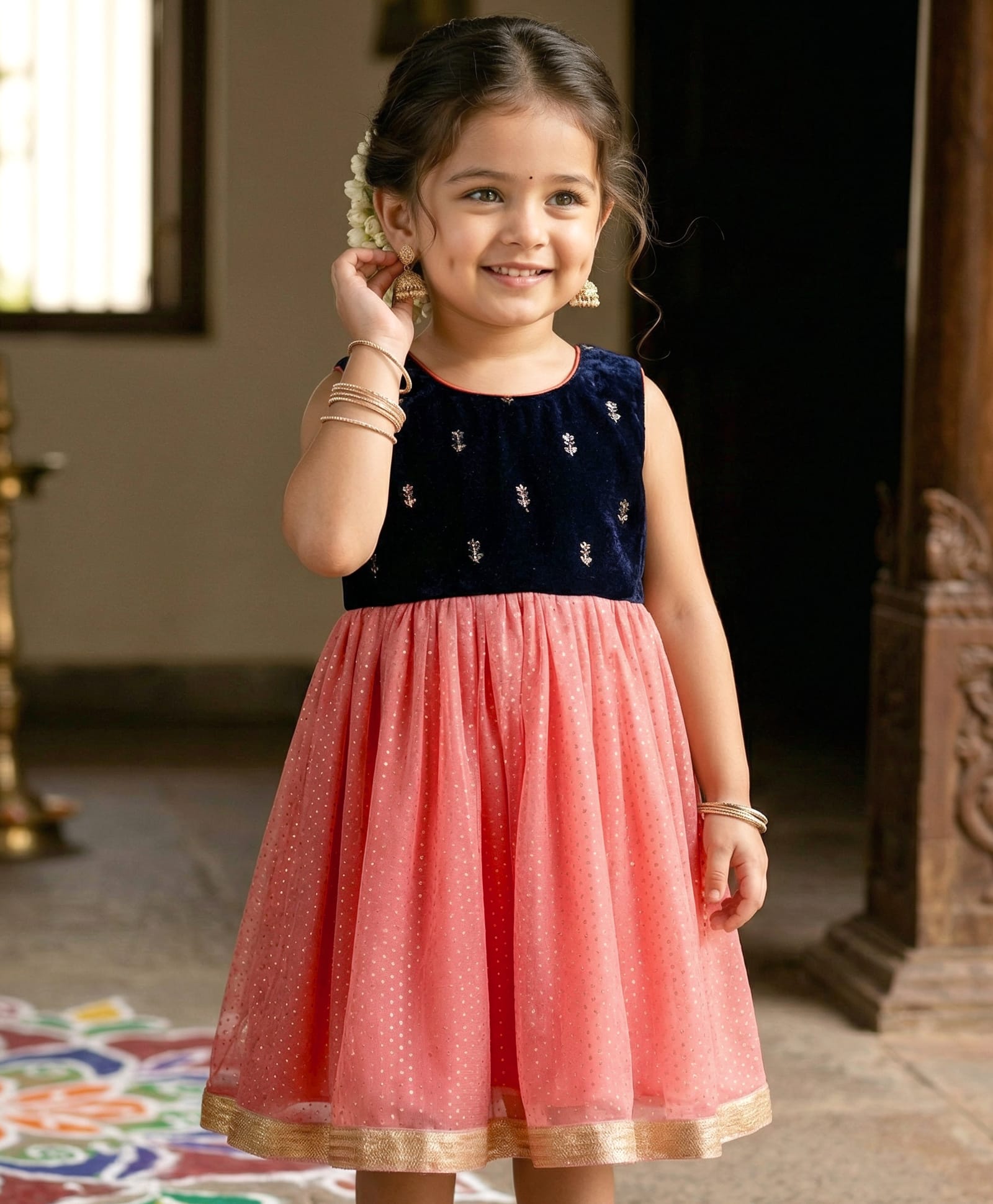 Babyhug Woven Foil Printed Sleeveless Ethnic Dress - Peach-image-14