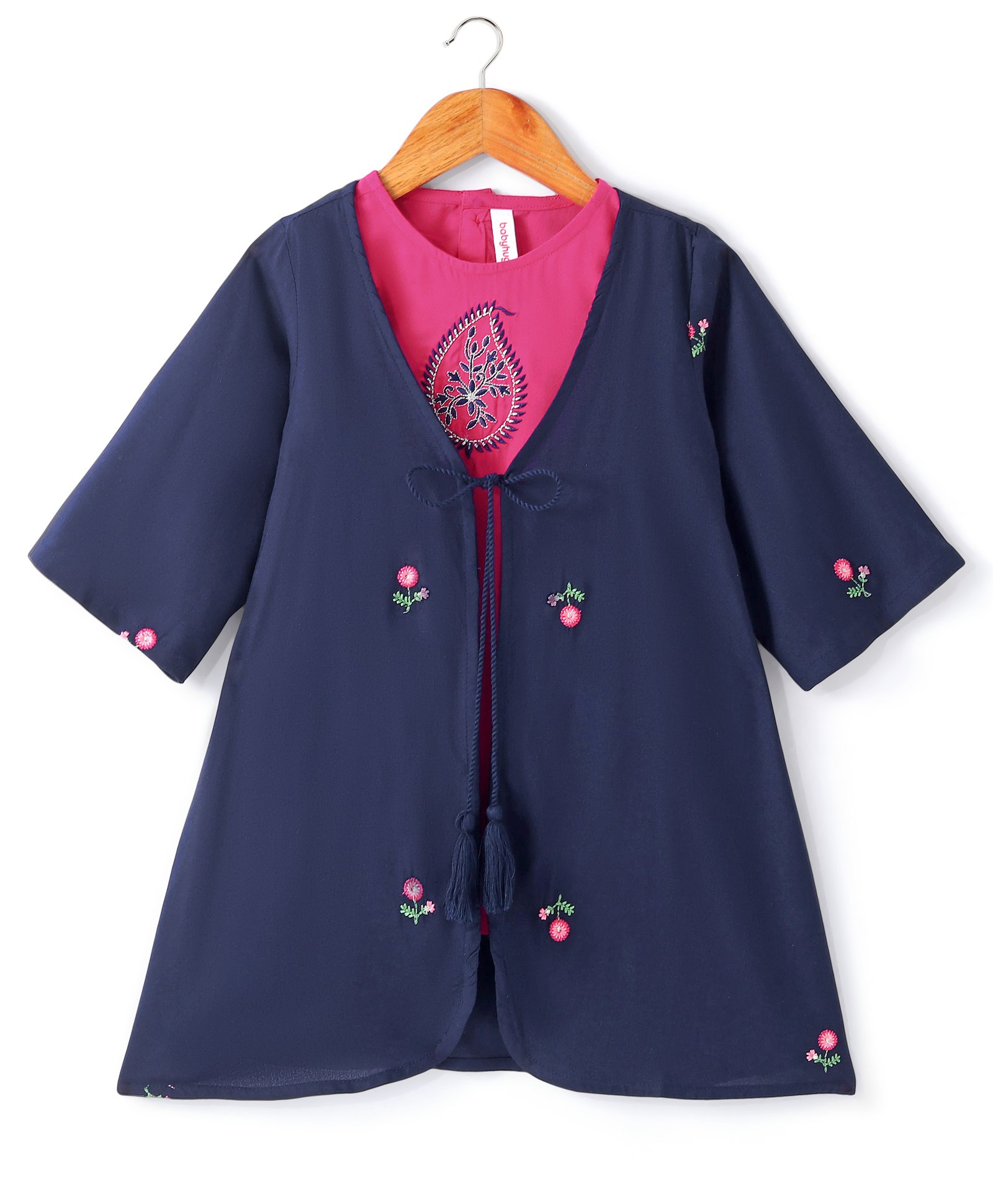 Babyhug Three Fourth Sleeve Rayon Floral Embroidered Ethnic Dress with Shrug - Navy & Fuchsia-image-44