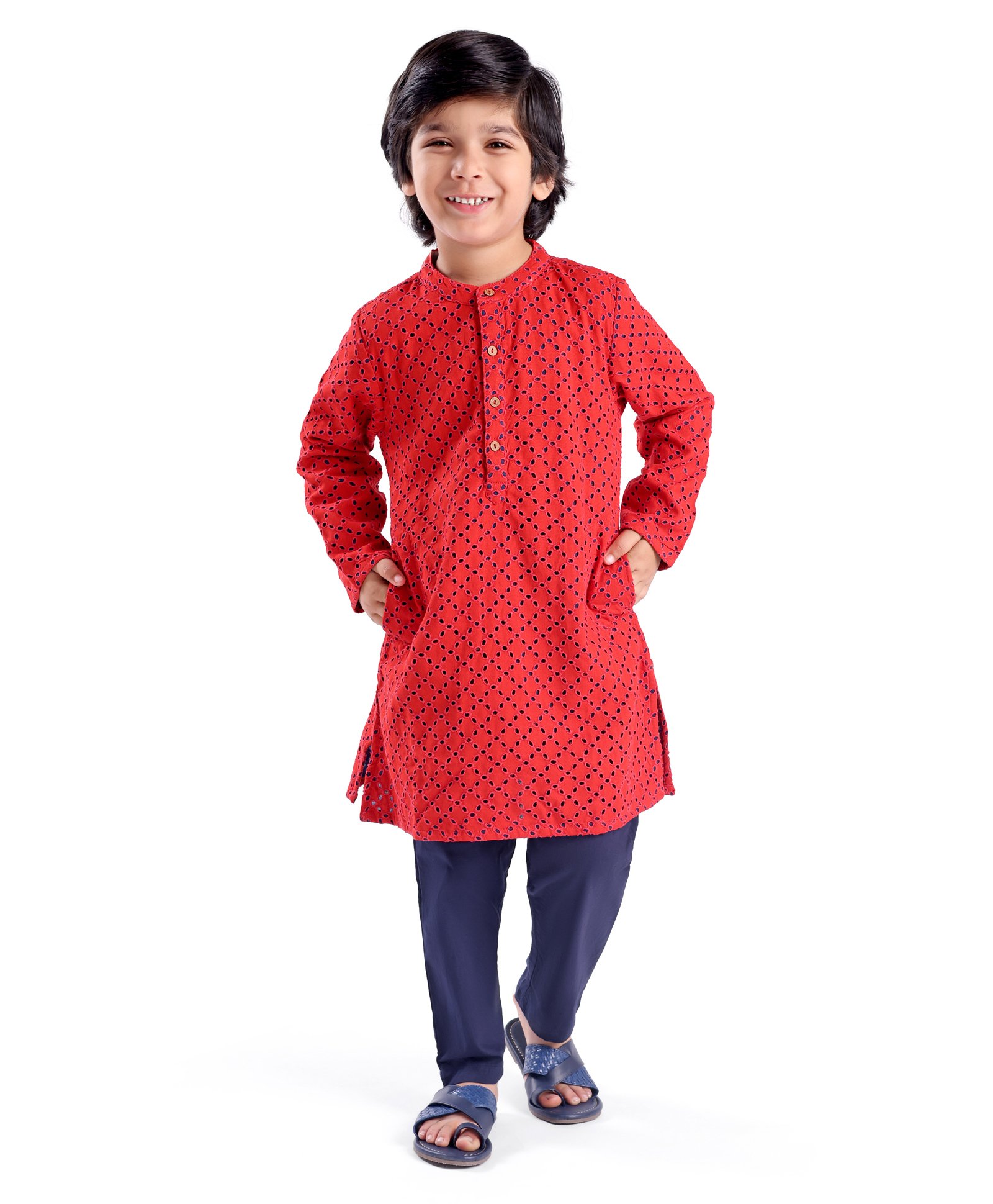 Babyhug Three Full Schiffly Embroidered Kurta With Pyjama Set-Red-picture-10