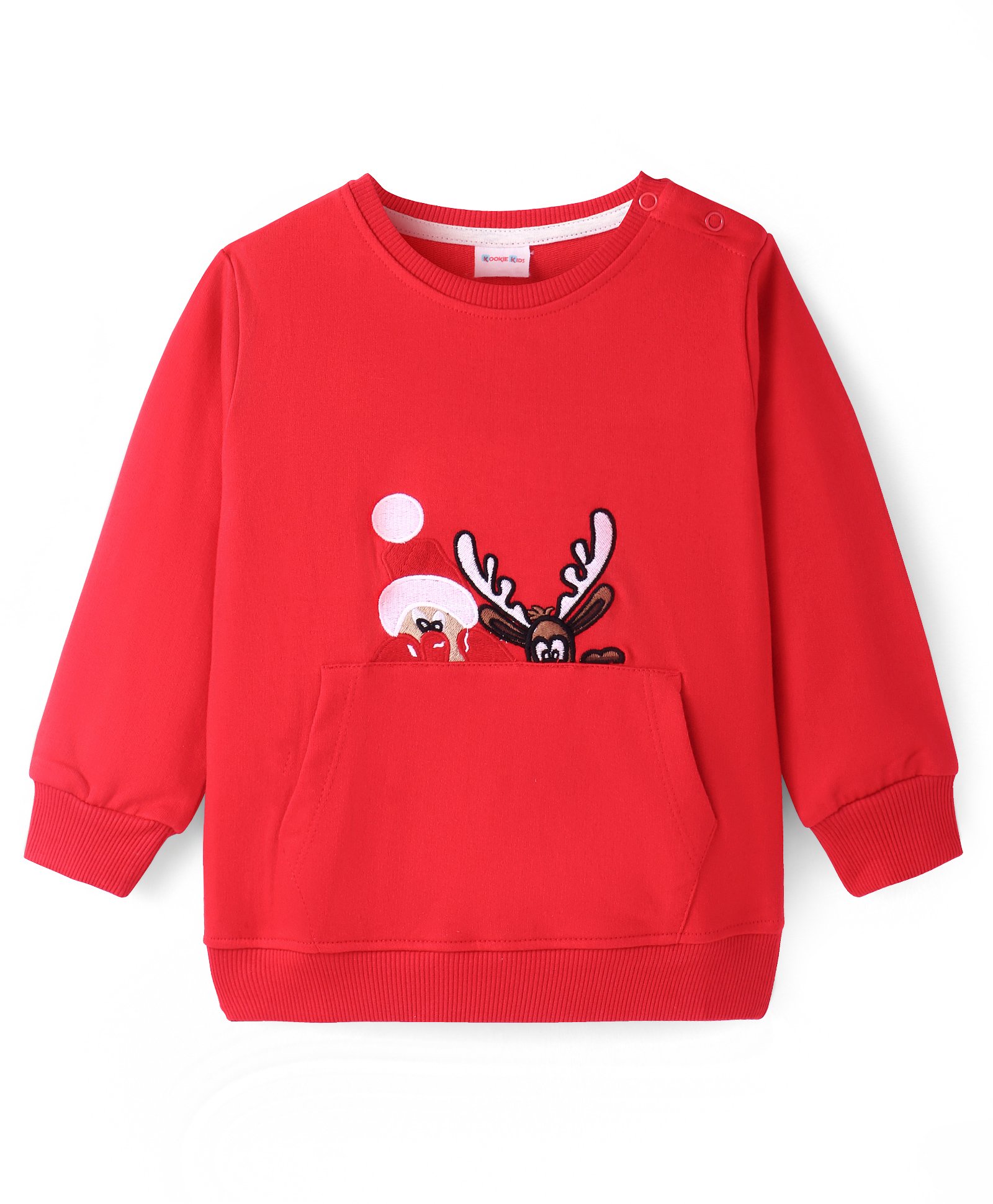 Kookie Kids Full Sleeves Sweatshirt with Kangaroo Pockets & Reindeer Embroidery - Red-picture-21