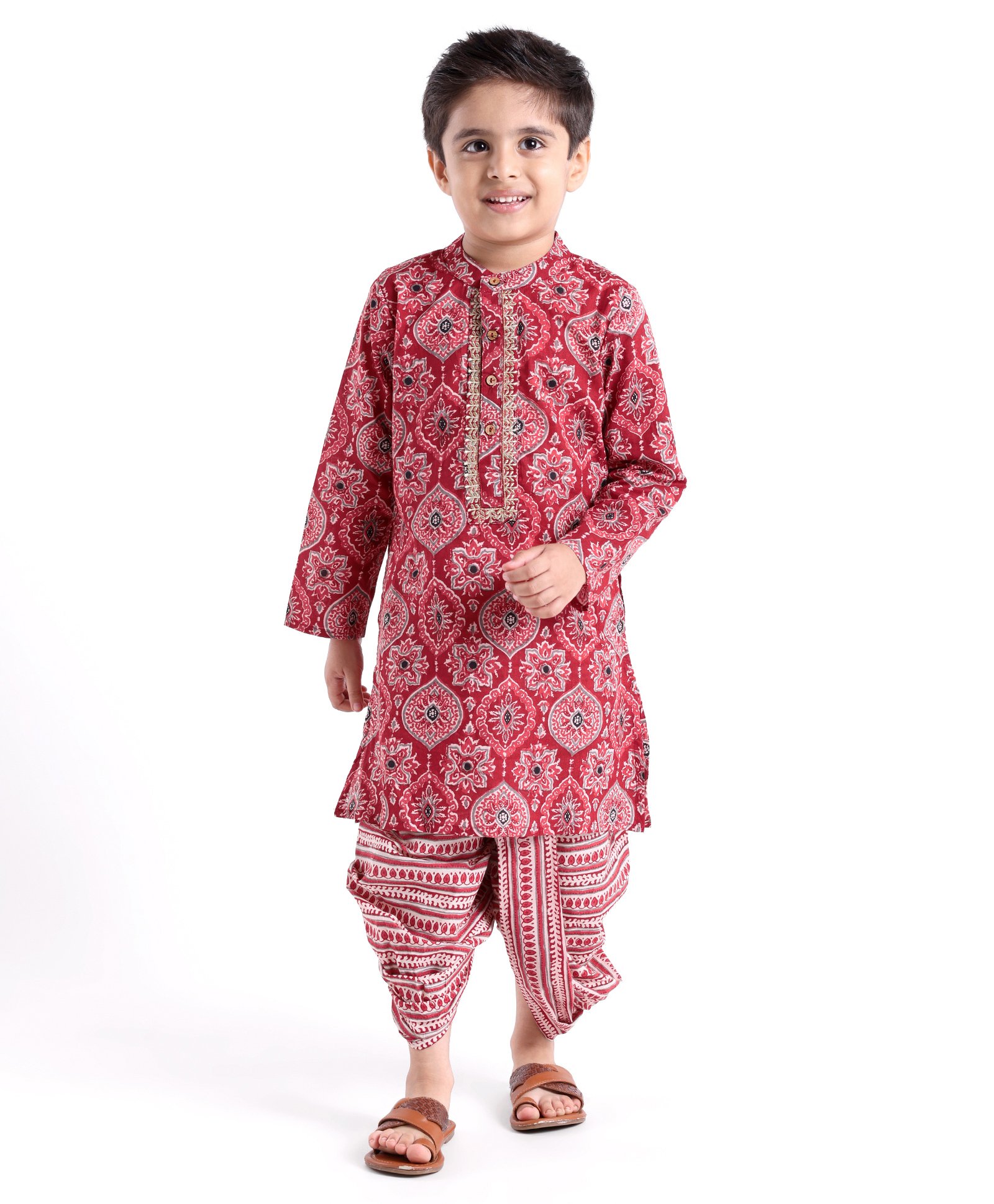 Babyhug Cotton Full Sleeves Ethnic Block Printed Kurta & Dhoti Set  - Red-image-45