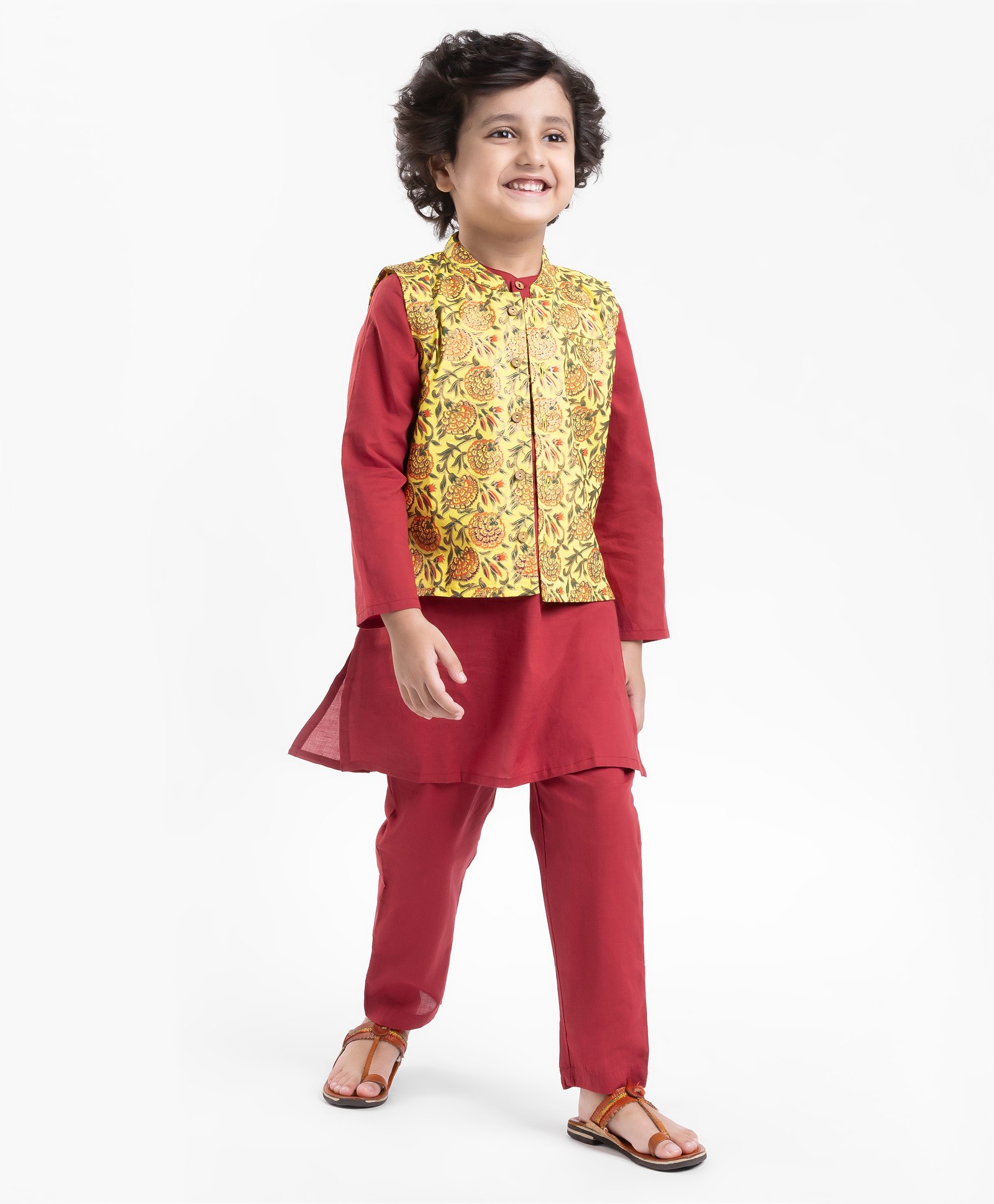 Babyhug Cotton Woven Full Sleeves Solid Kurta & Pajama Set with Floral Print Jacket - Red & Yellow-picture-23