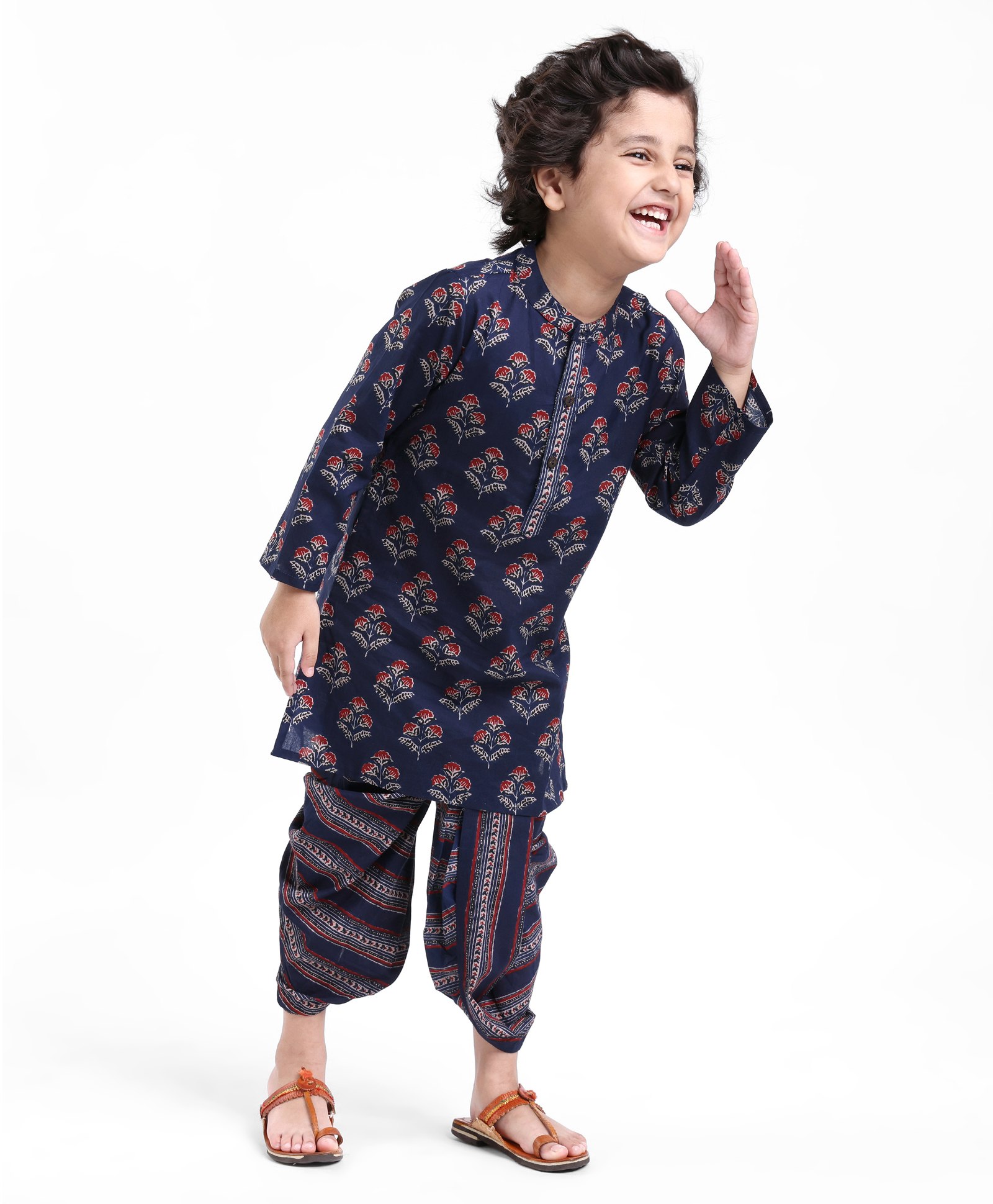 Babyhug 100% Cotton Full Sleeves Floral Print Kurta Dhoti Set - Navy Blue-image-4