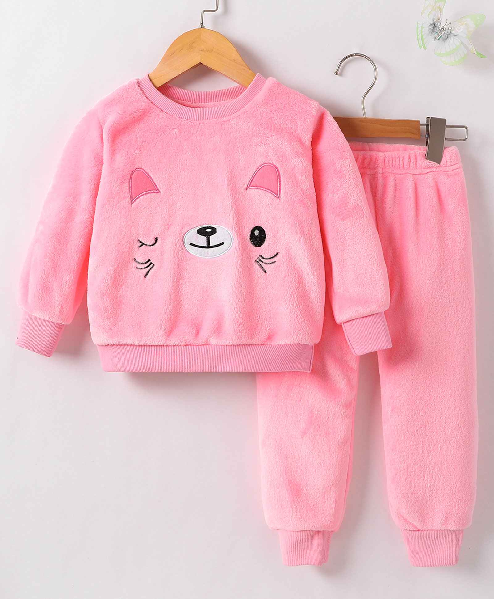 Kookie Kids Full Sleeves Winter Wear T-Shirt & Lounge Pant With Teddy Applique - Pink-picture-26