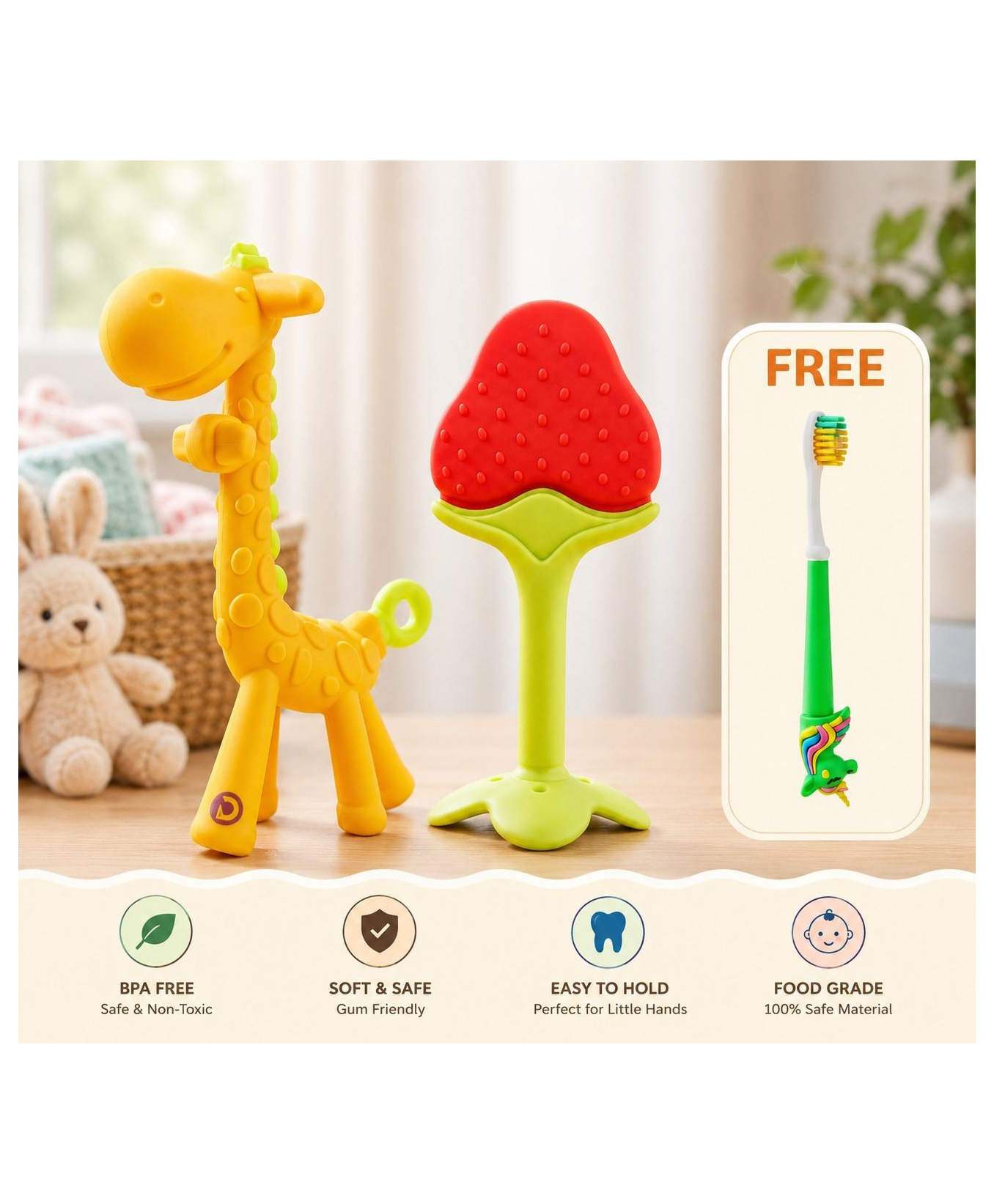 BOXOT IMPEX Giraffe Shape and Fruit Shape Food Grade/BPA Free Silicone Teething Baby Teether(Color may vary)-image-12