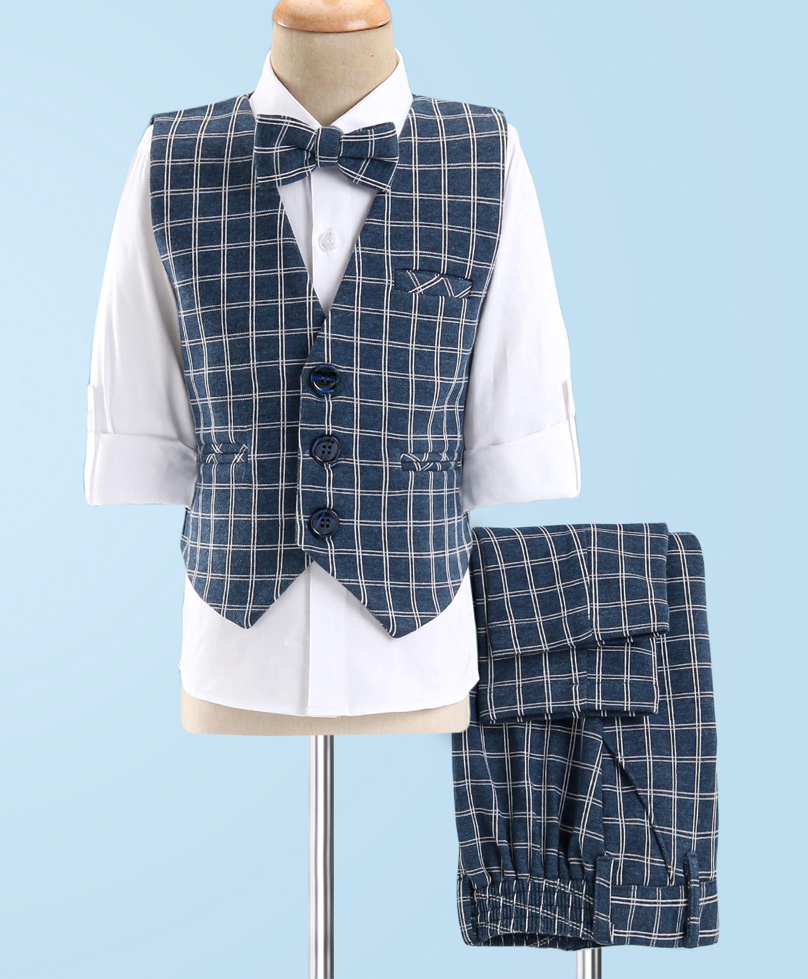 Robo Fry Full Sleeves Party Suit With Bow Checkered - Blue & White-image-45
